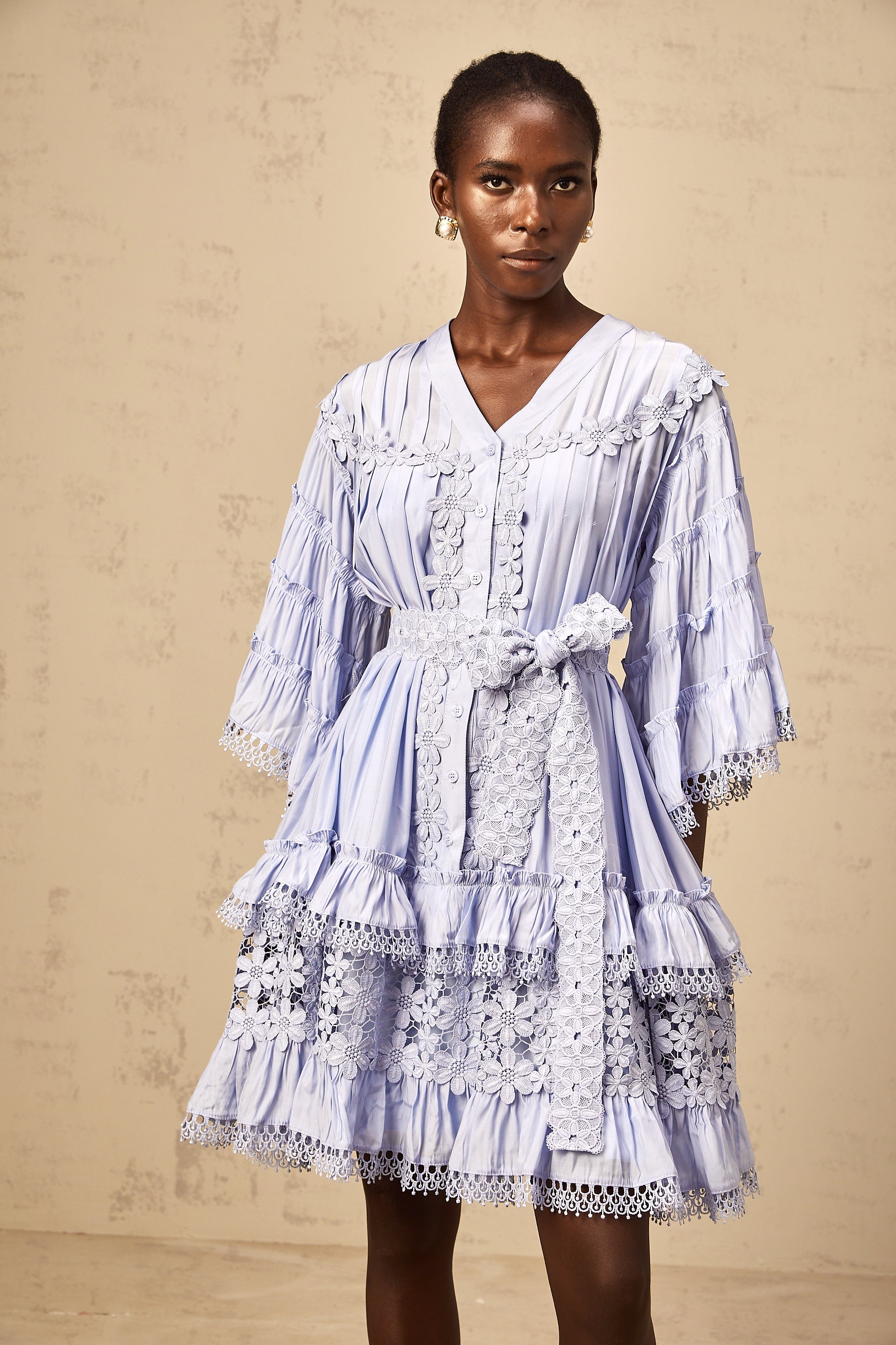 Gaëlle light-blue floral-embroidered tiered mini dress (Final Sale-US Only)
