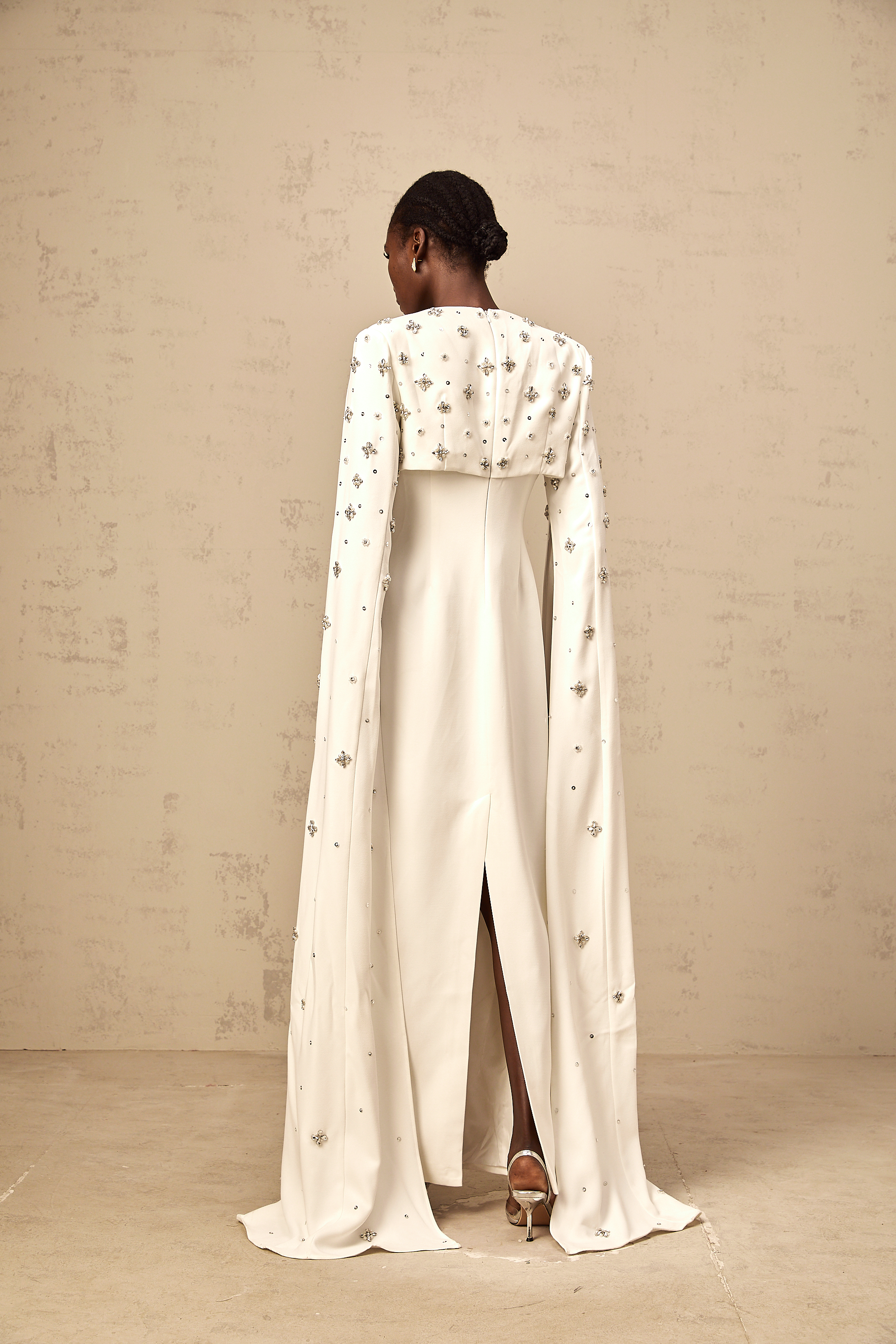 Fanny White Extra-long-sleeve Embellished Gown (Final Sale-US Only)