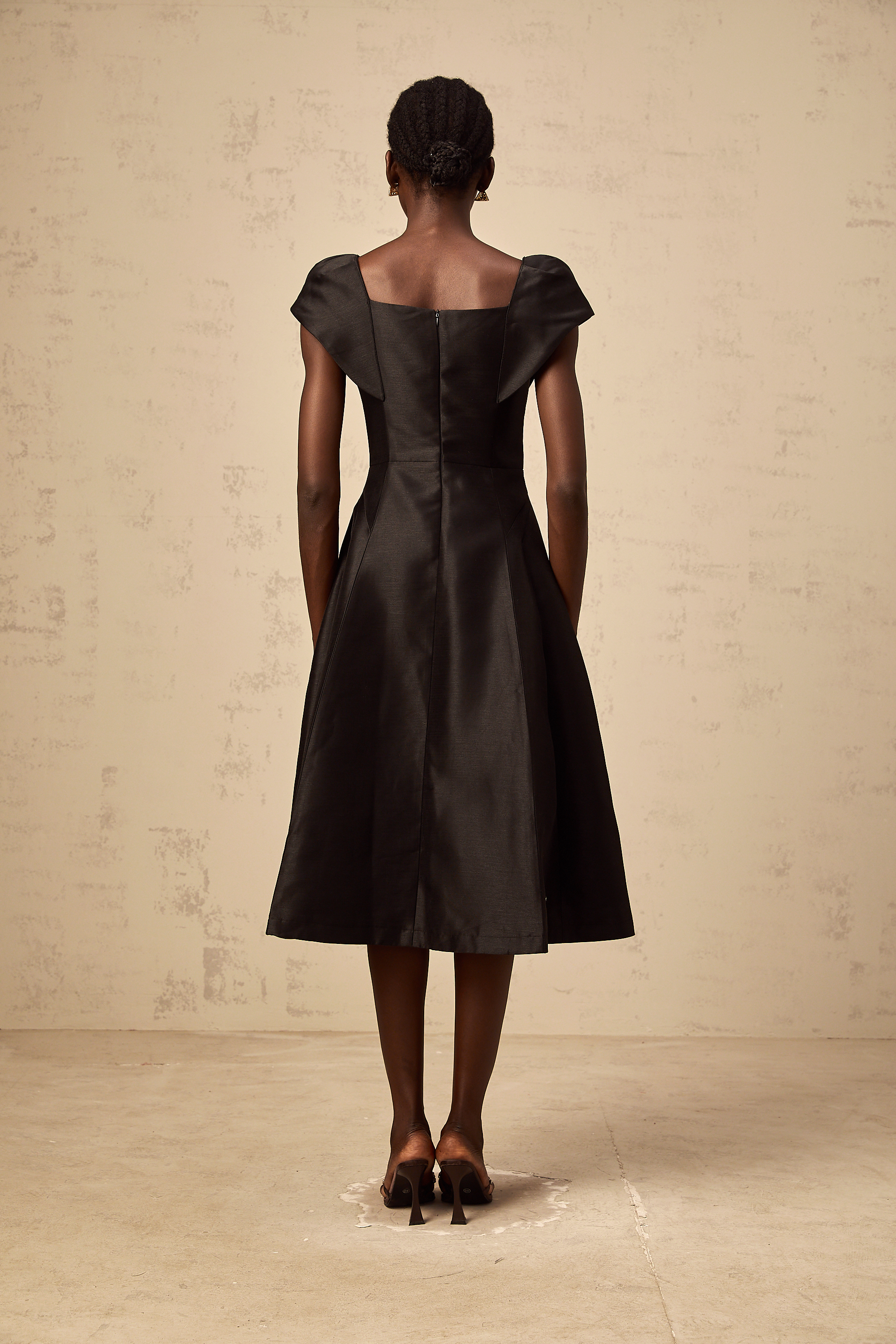 Ulrique black floral-appliqué satin midi dress