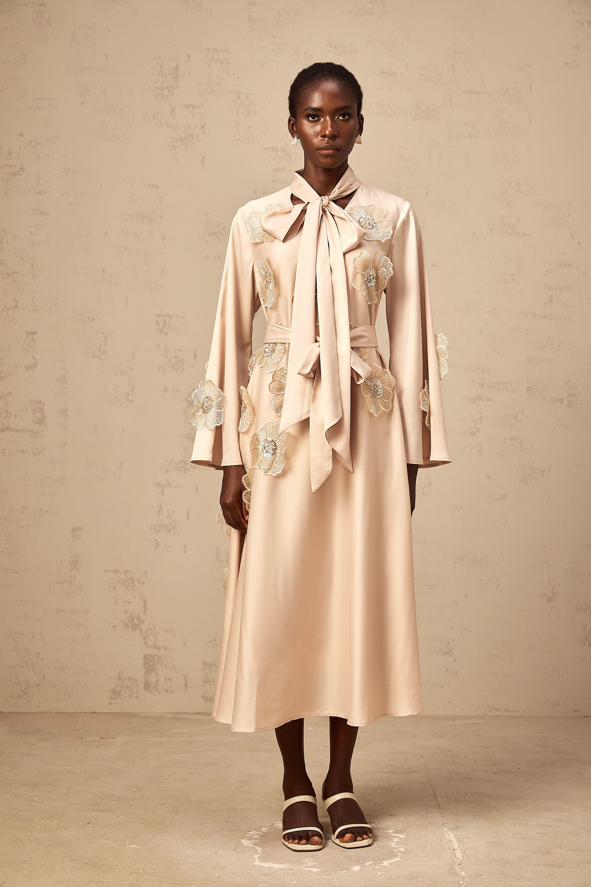 Orane tied floral-applique flared midi dress in Neutrals (Final Sale-US Only)