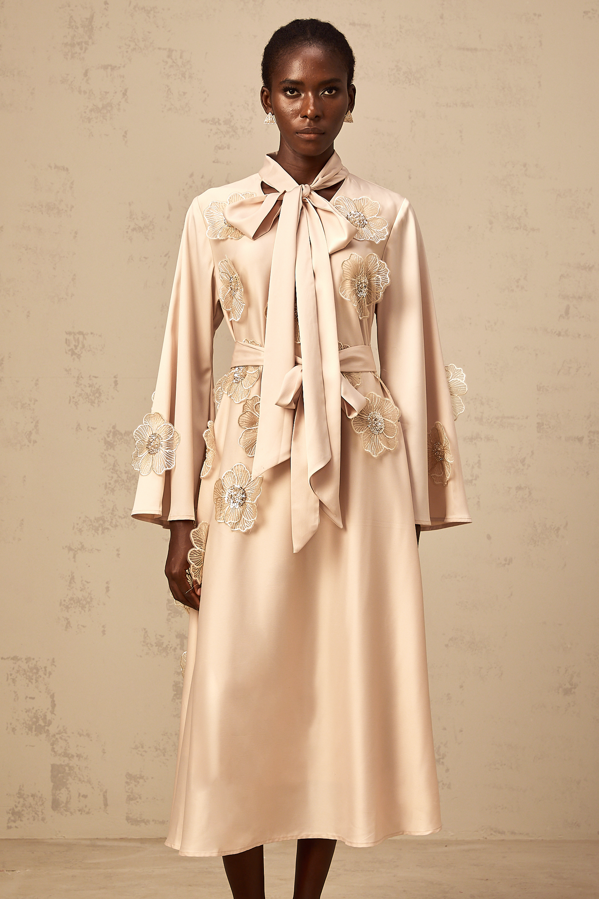 Orane tied floral-applique flared midi dress in Neutrals (Final Sale-US Only)