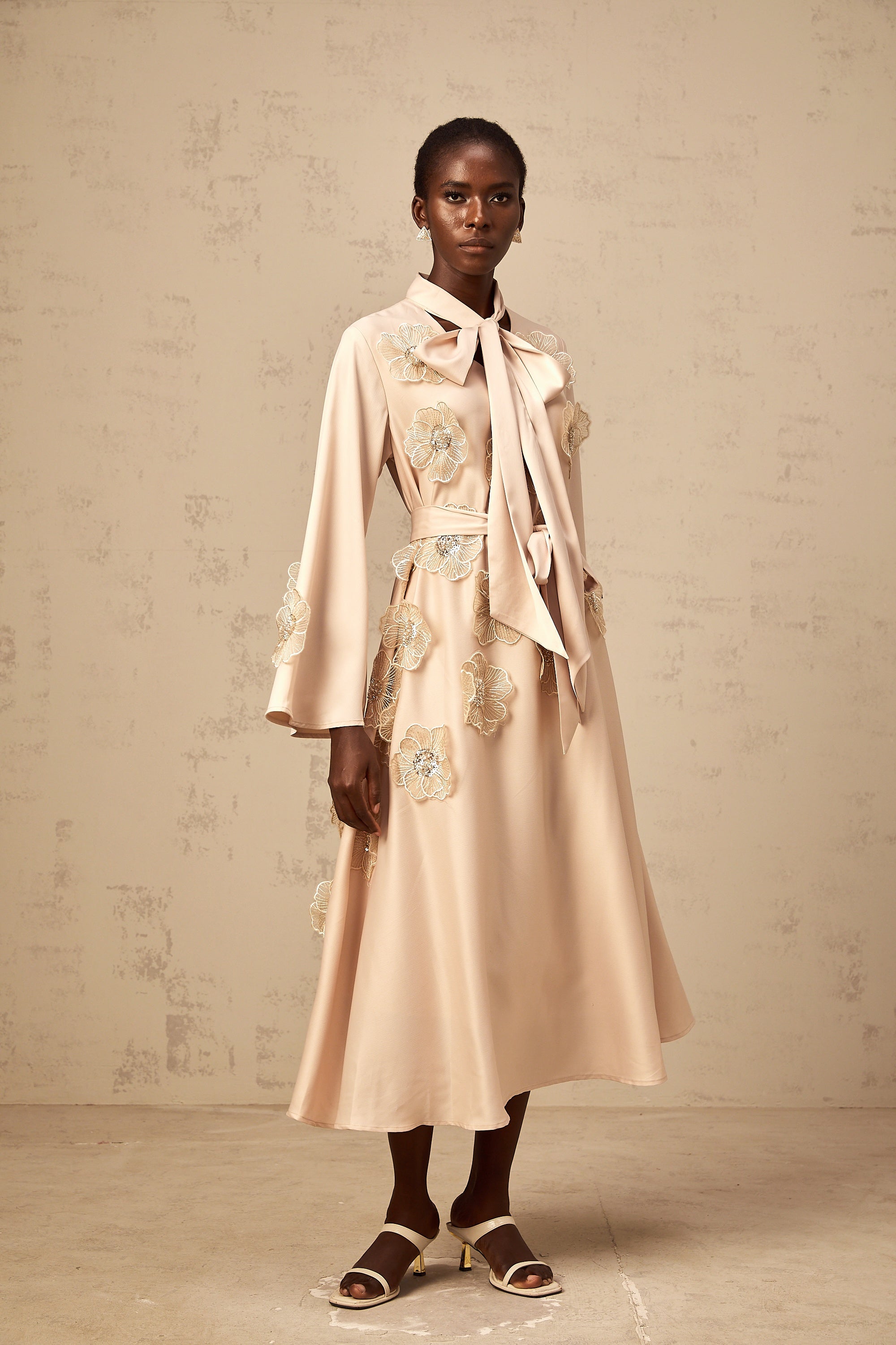 Orane tied floral-applique flared midi dress in Neutrals (Final Sale-US Only)