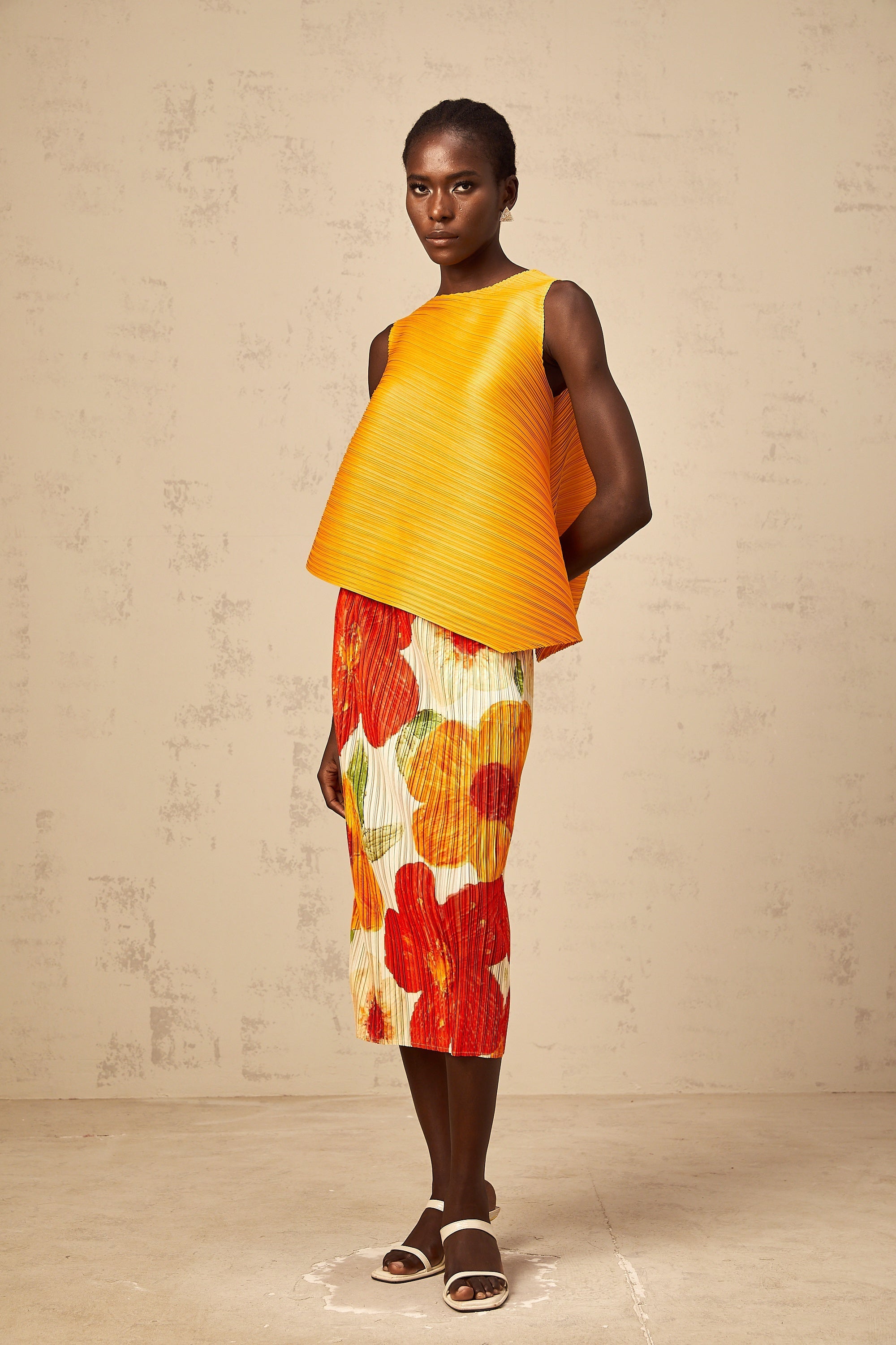 Zazie amber-orange crinkled-finish top & skirt matching set (Final Sale-US Only)