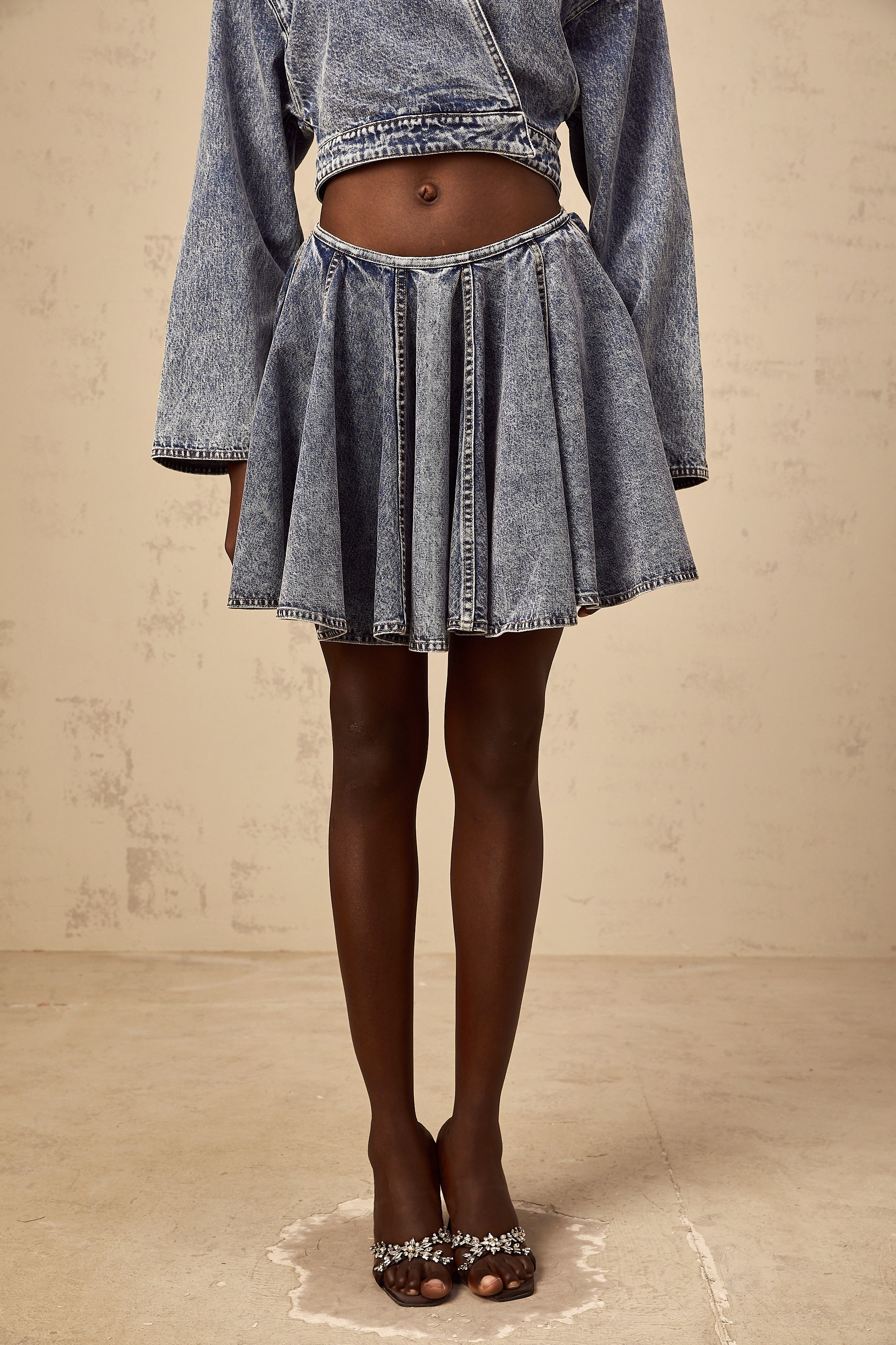 Doriane blue shirred denim mini skirt
