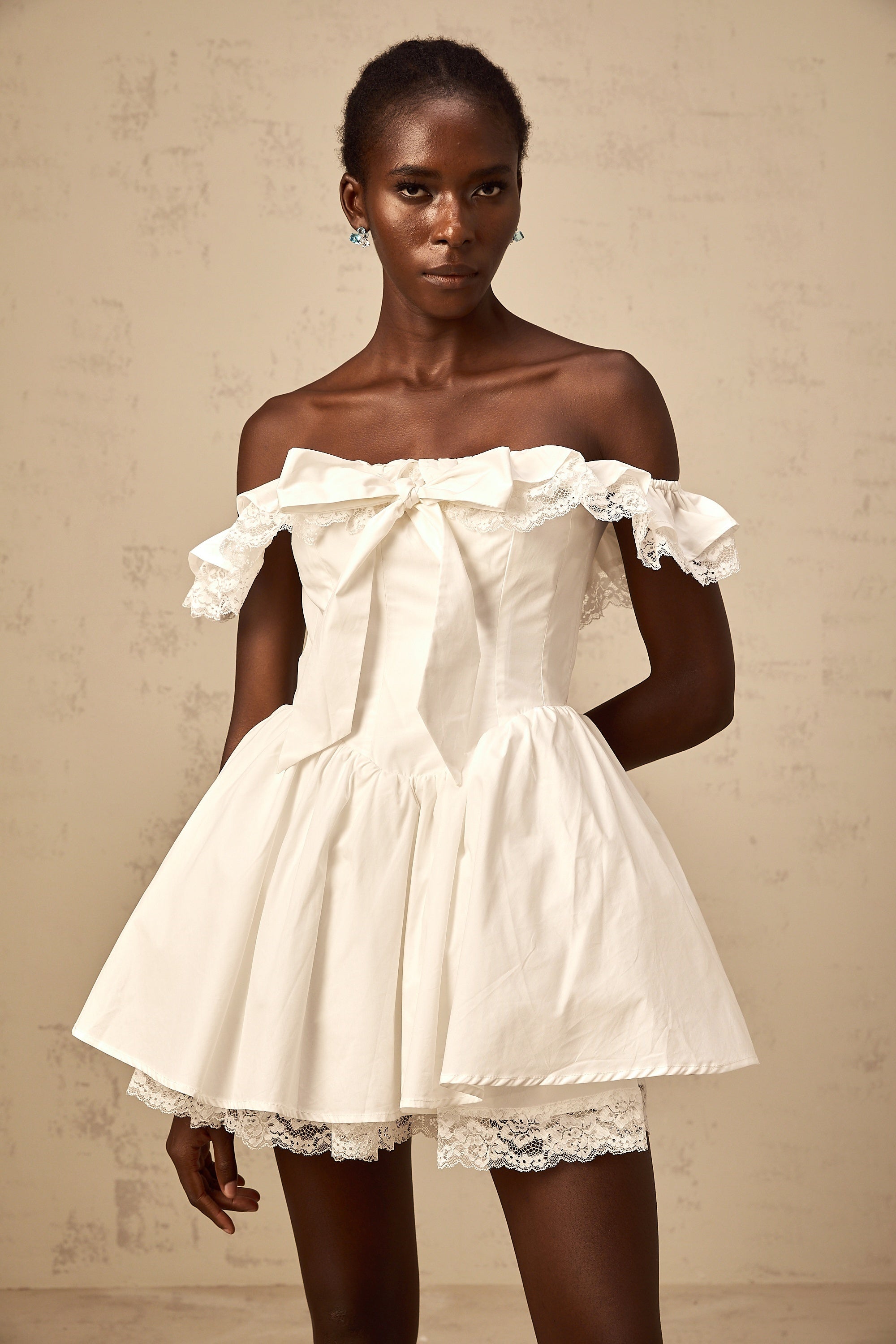 Arsène white oversize-bow ruffled mini dress (Final Sale)