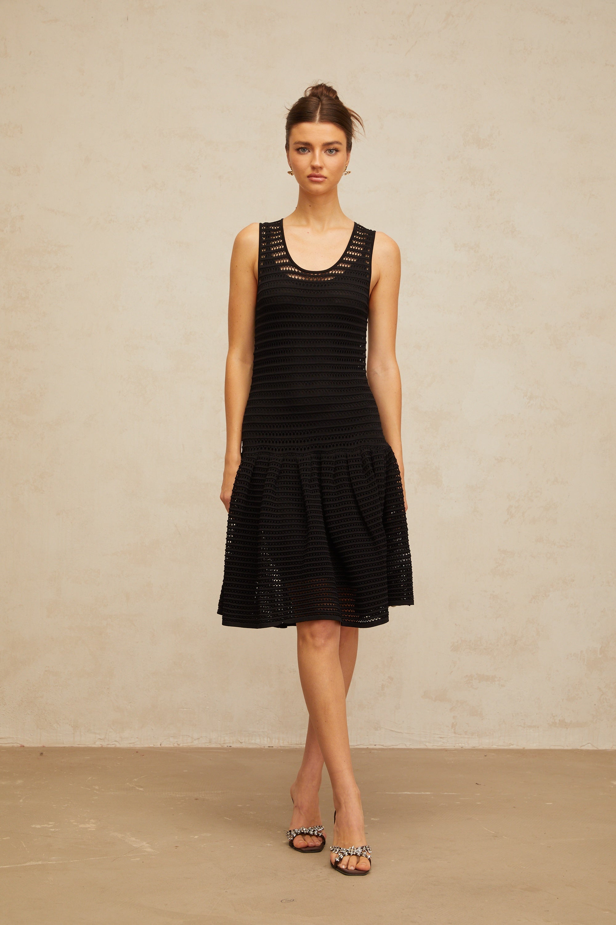Maelle black flounced pointelle-knit mini dress
