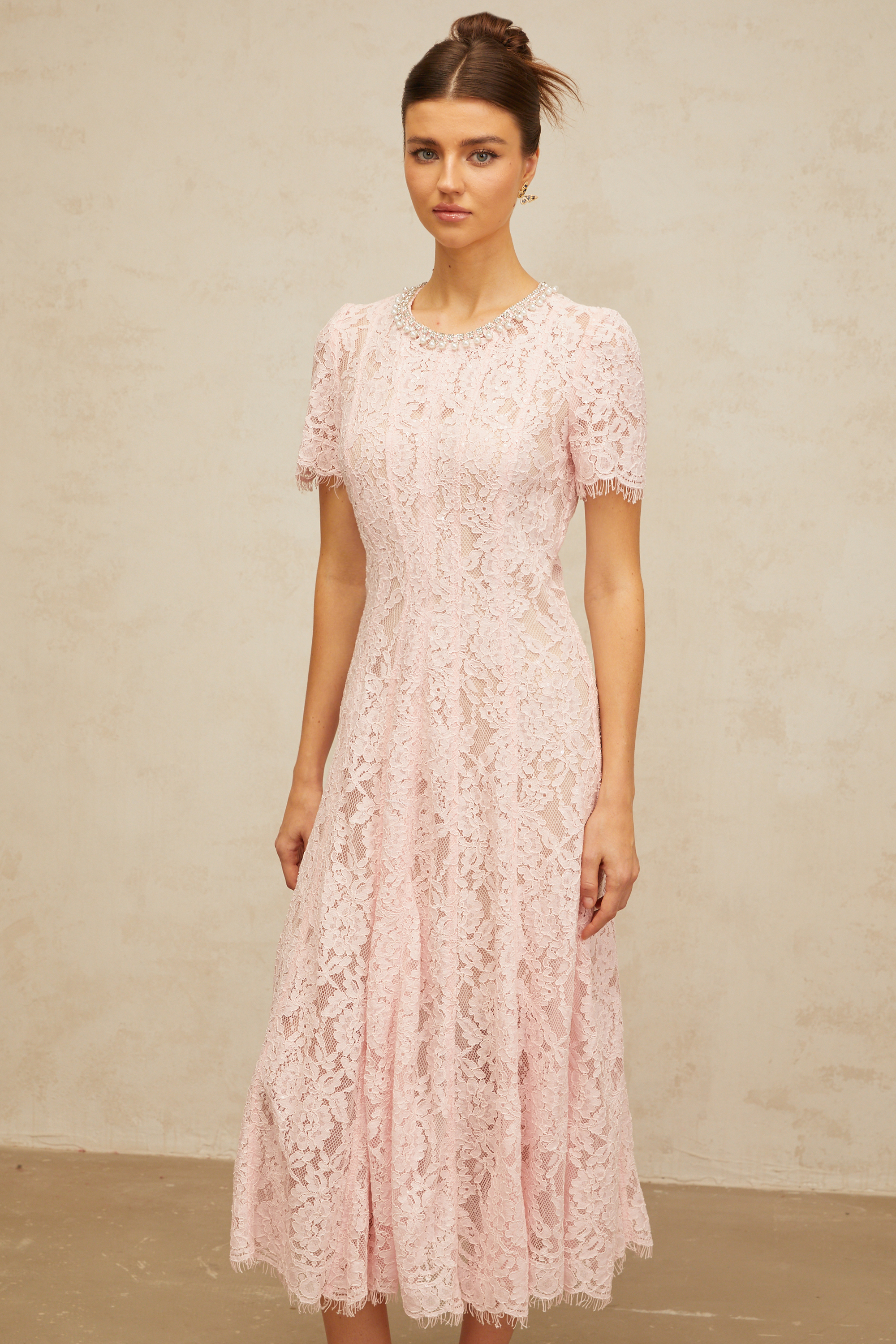 Dulcie pink embellished floral-lace midi dress (Final Sale-US Only)