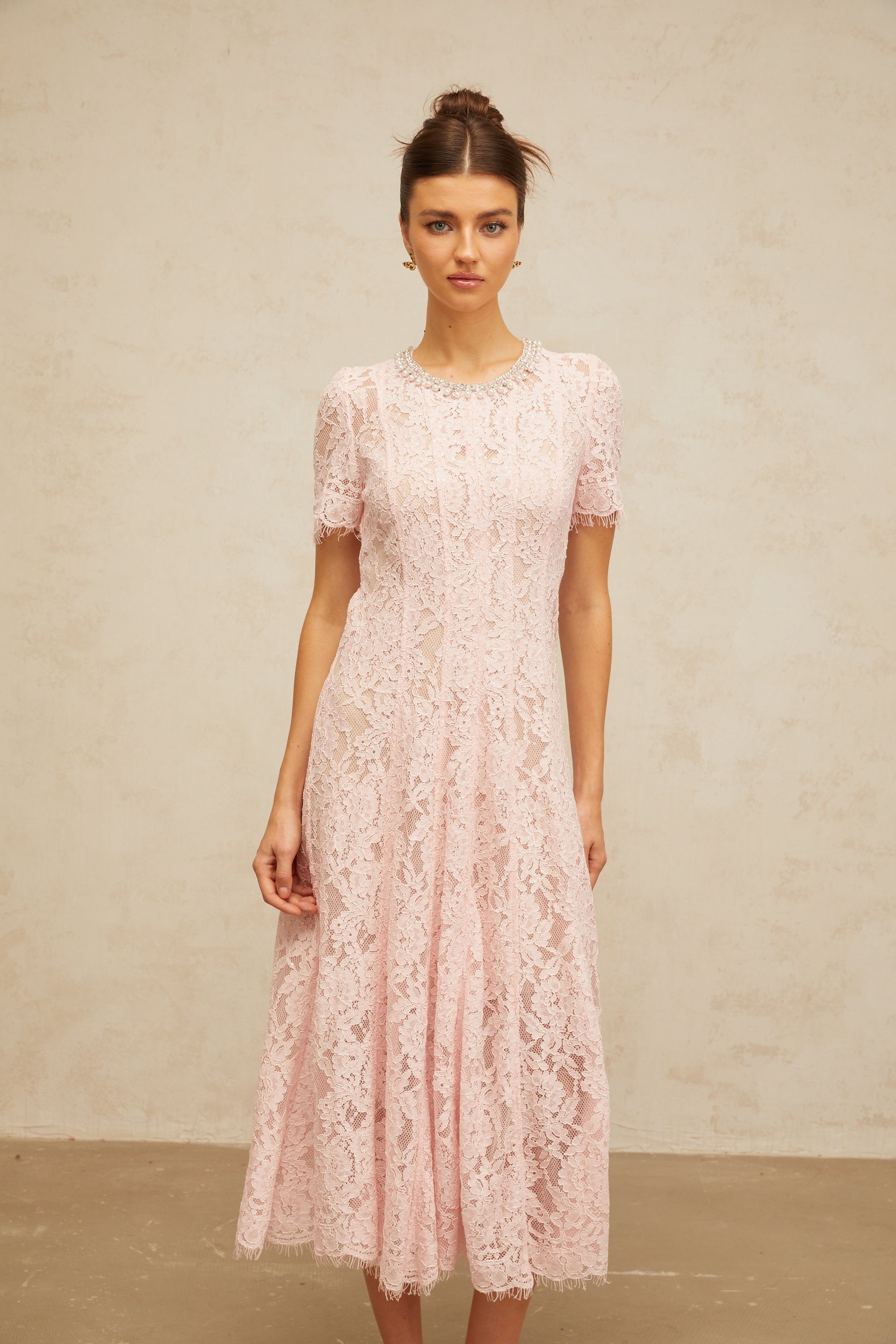 Dulcie pink embellished floral-lace midi dress (Final Sale-US Only)