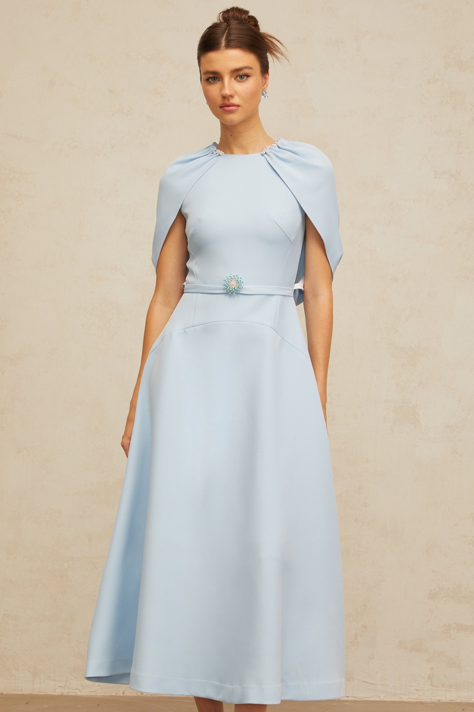 Lina blue shawl-panel embellished midi dress (Final Sale)