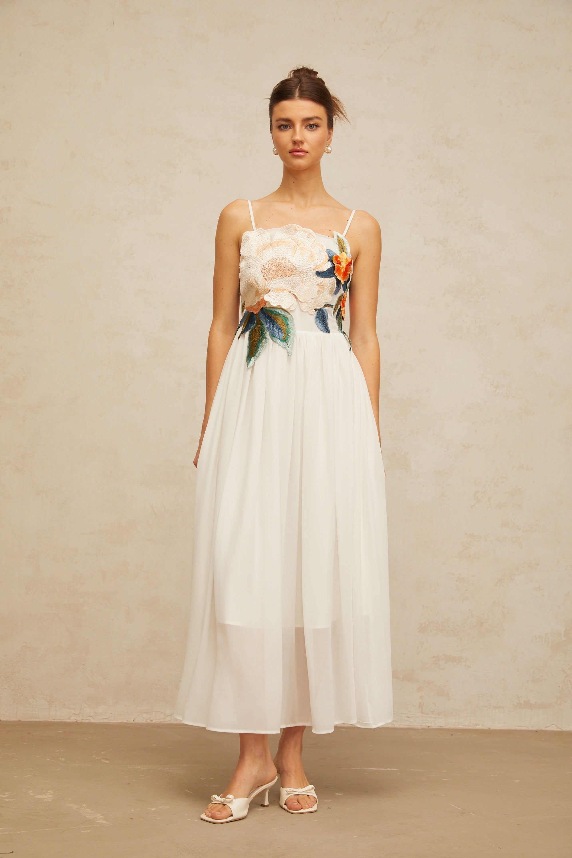 Josette floral-embroidered shirred maxi dress in White