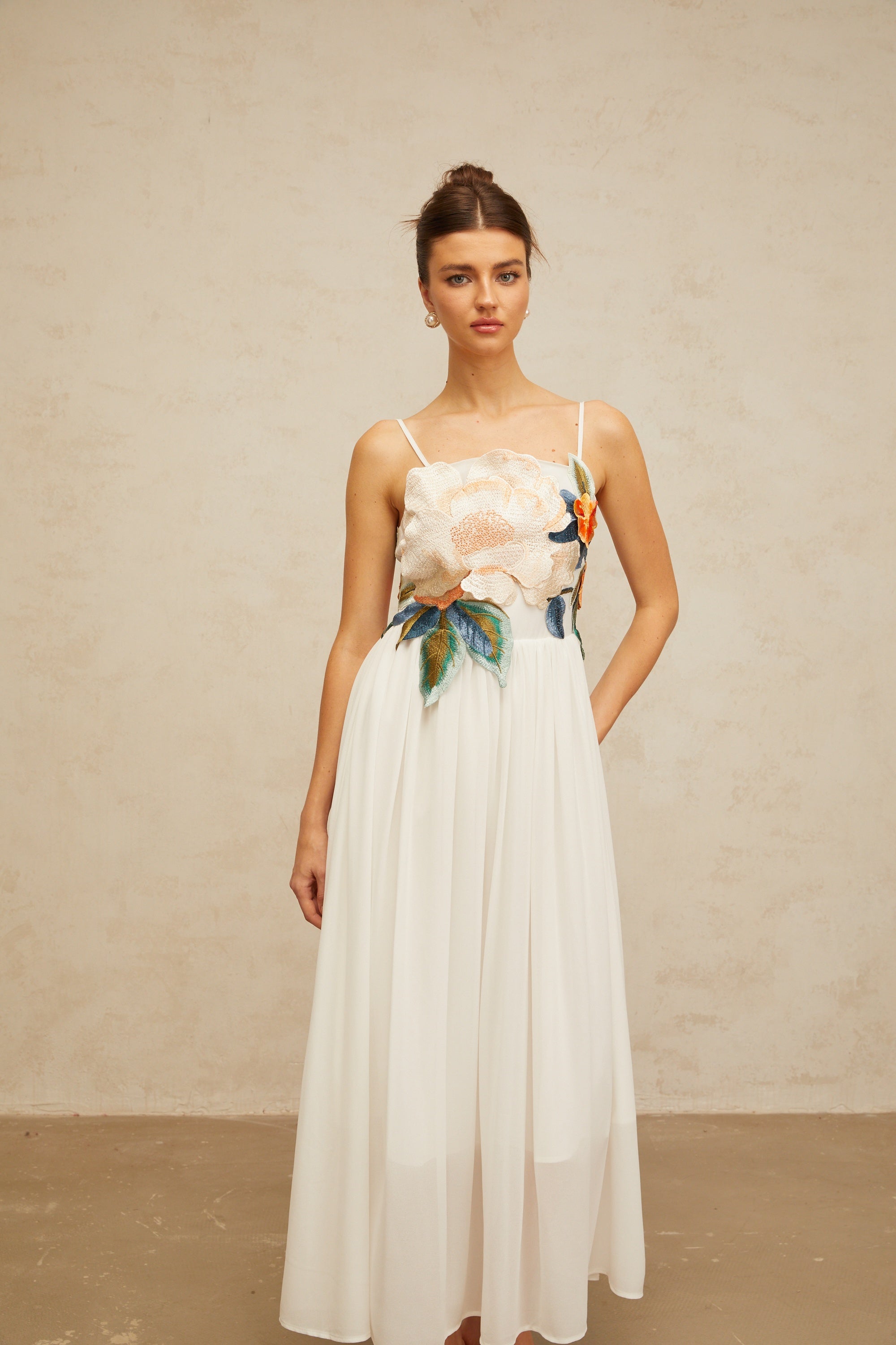 Josette floral-embroidered shirred maxi dress in White