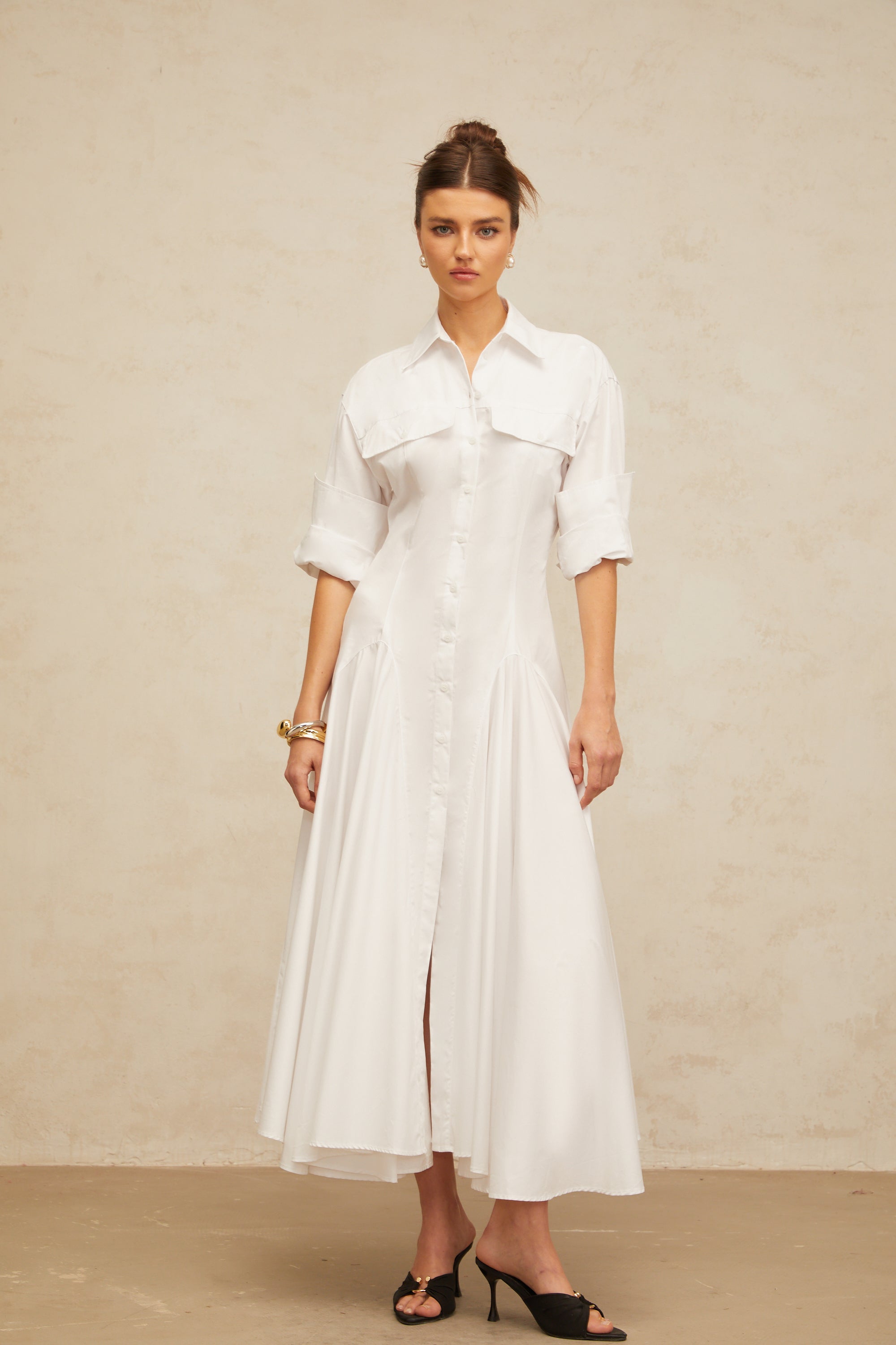 Dulcie white front-slit shirred shirt dress