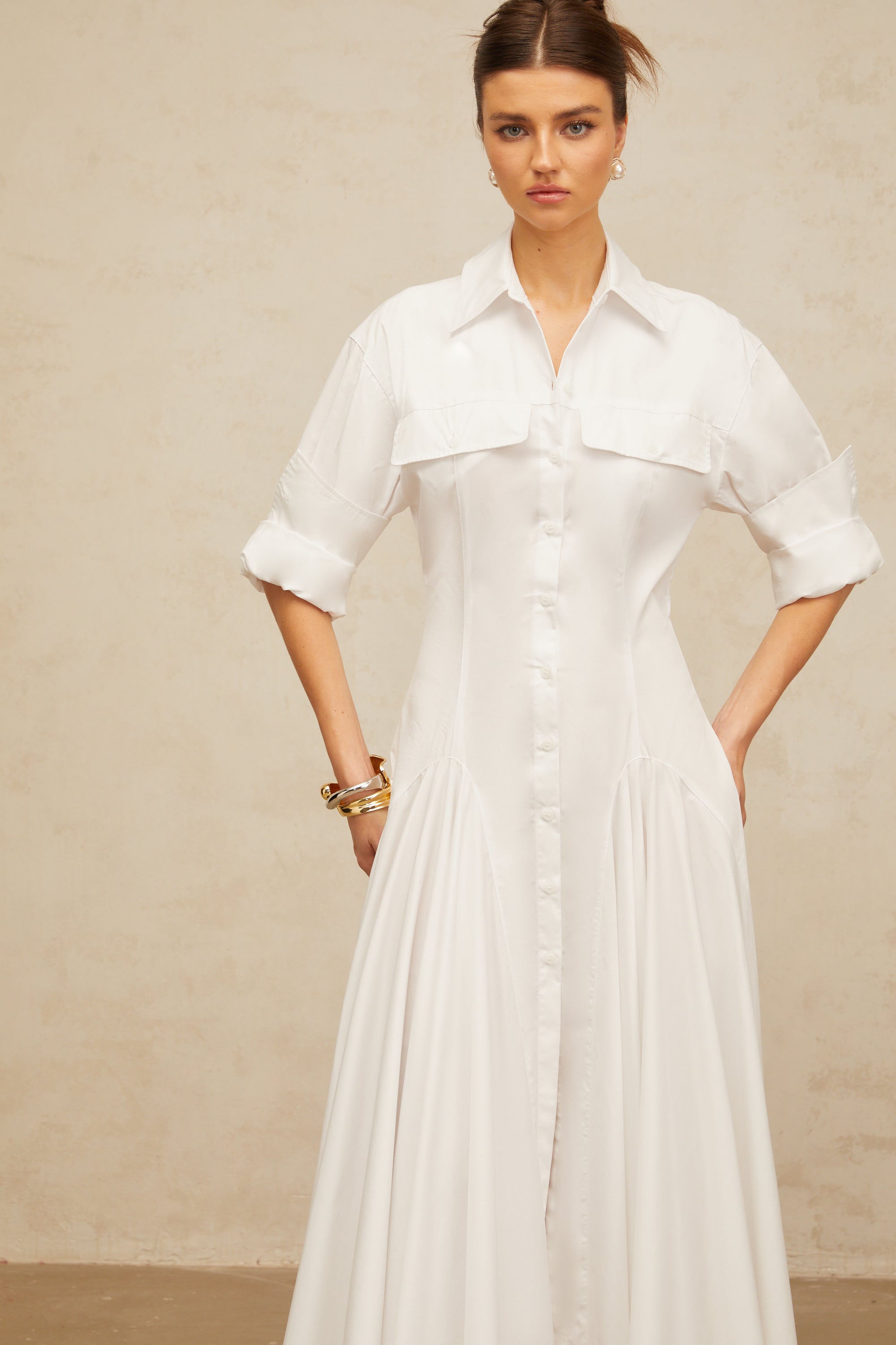 Dulcie white front-slit shirred shirt dress (Final Sale)