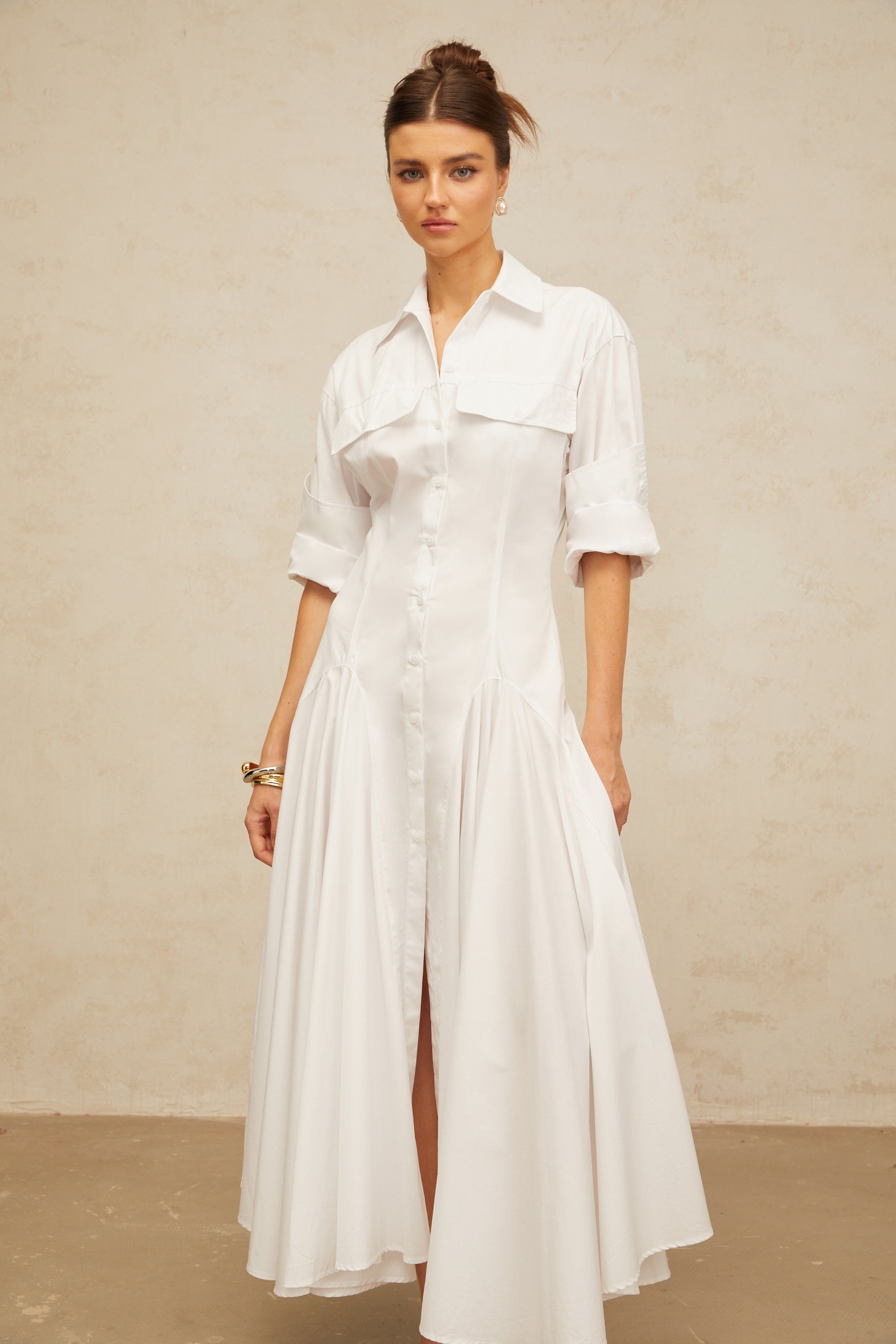 Dulcie white front-slit shirred shirt dress (Final Sale)