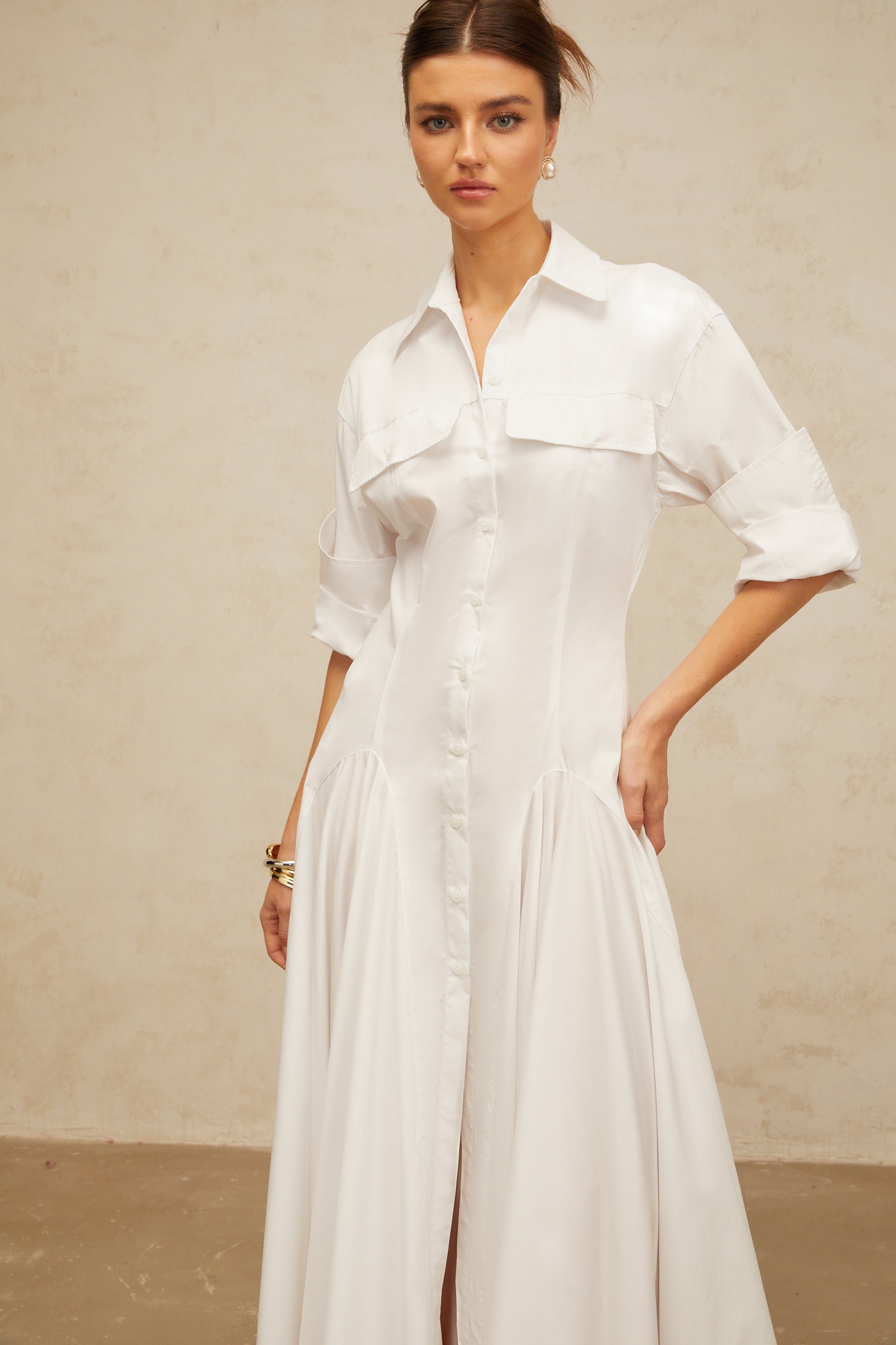 Dulcie white front-slit shirred shirt dress (Final Sale)