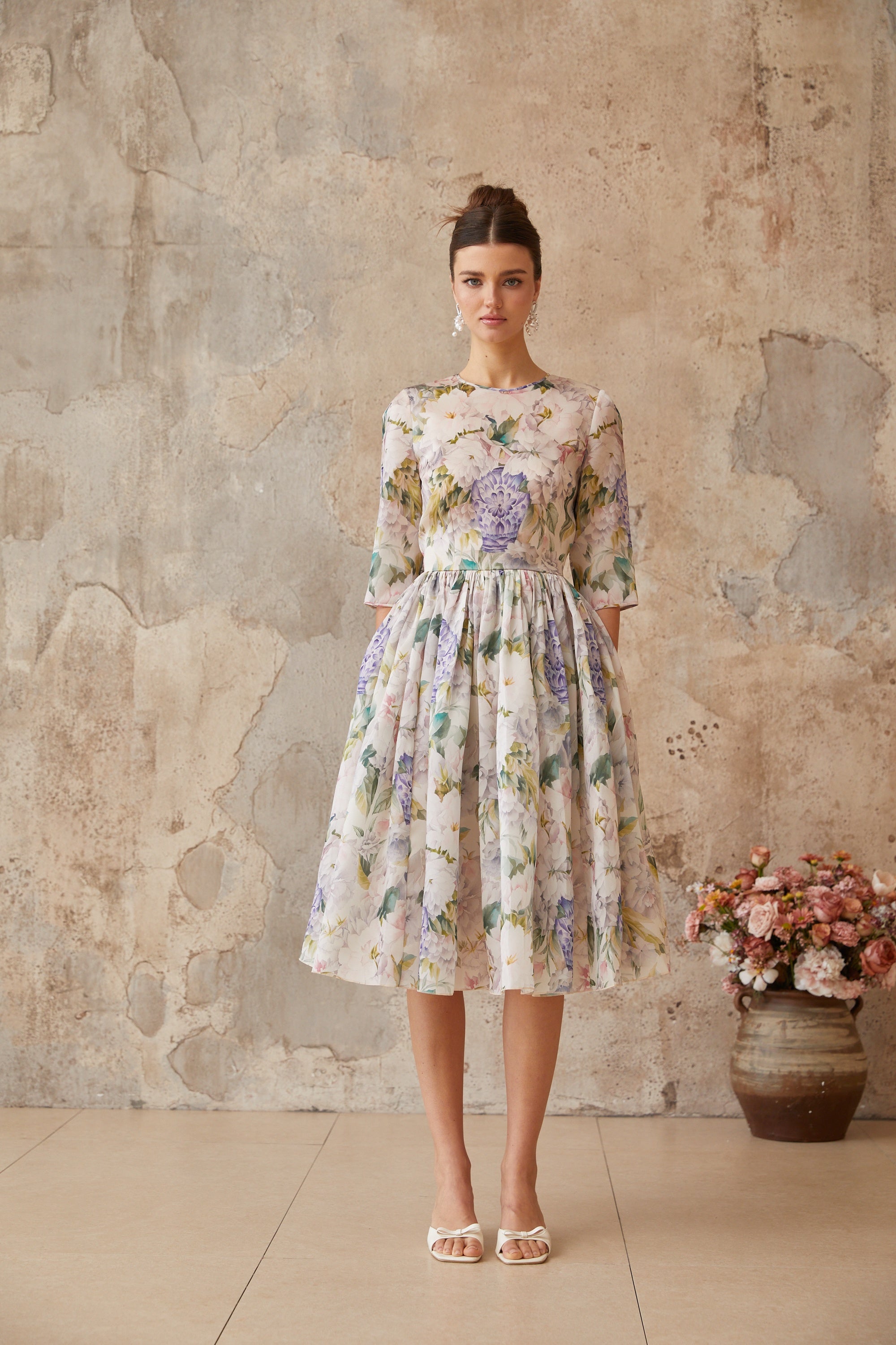 Lydie Floral Print Shirred Midi Dress (Final Sale)