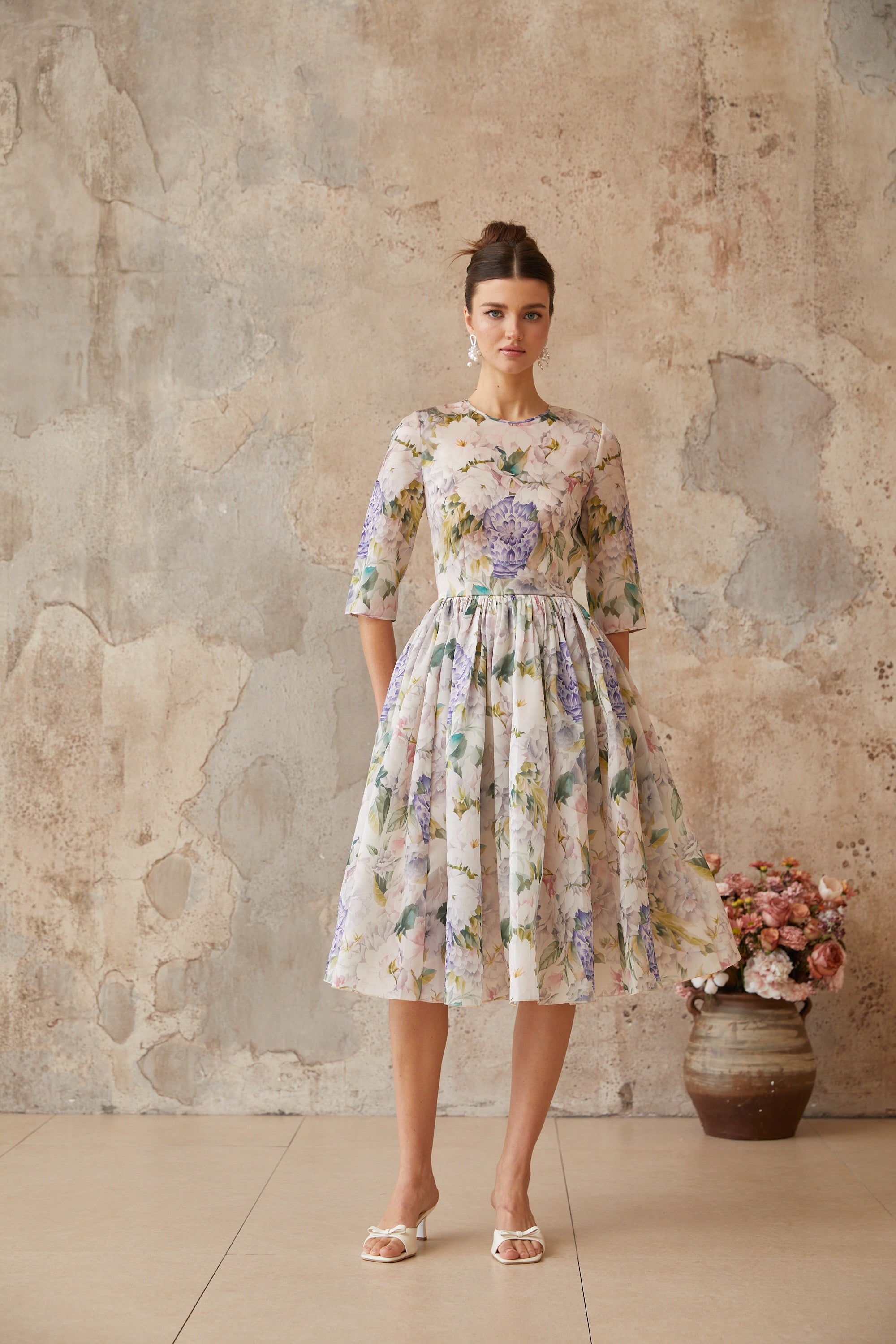 Lydie Floral Print Shirred Midi Dress (Final Sale)