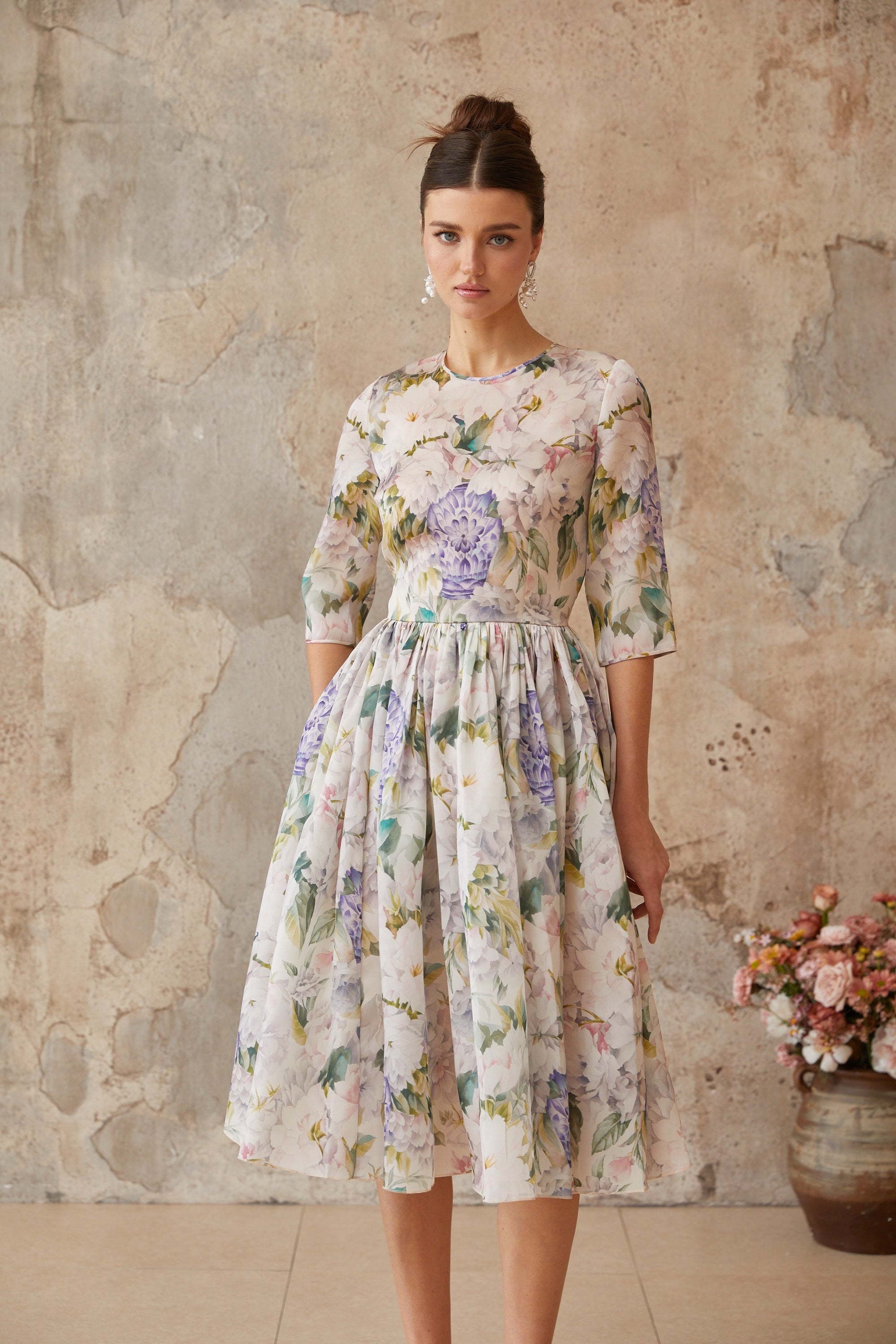 Lydie Floral Print Shirred Midi Dress (Final Sale)