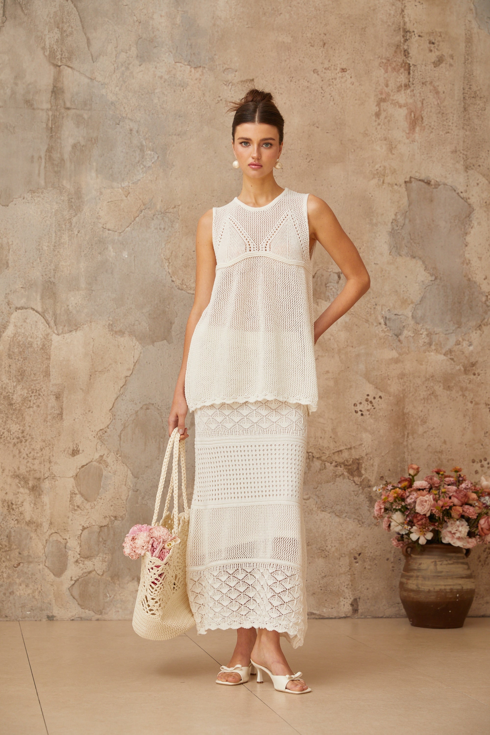 Irène White Cutout Crochet Knit Two-Piece Top and Skirt (Final Sale)
