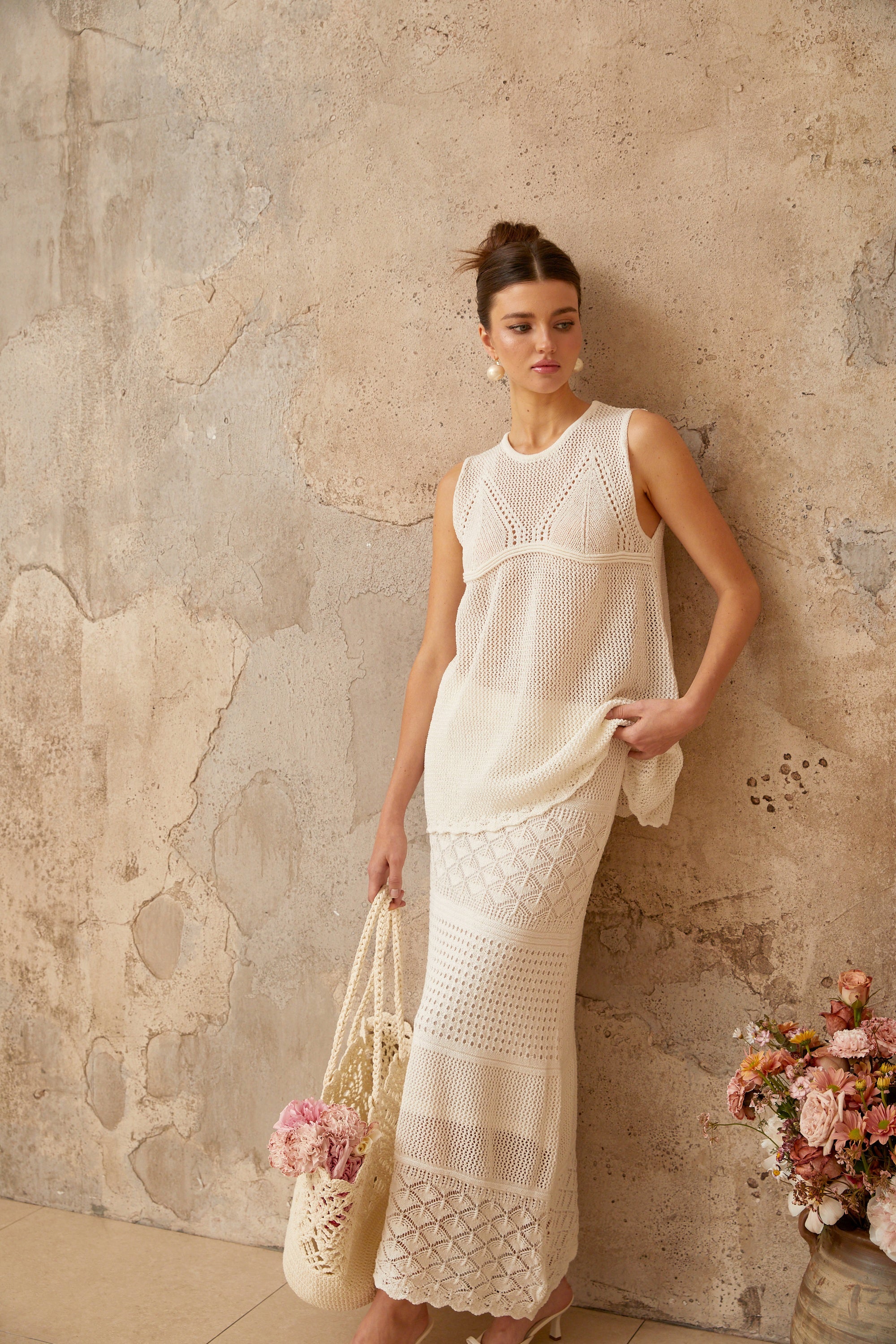 Irène White Cutout Crochet Knit Two-Piece Top and Skirt (Final Sale)