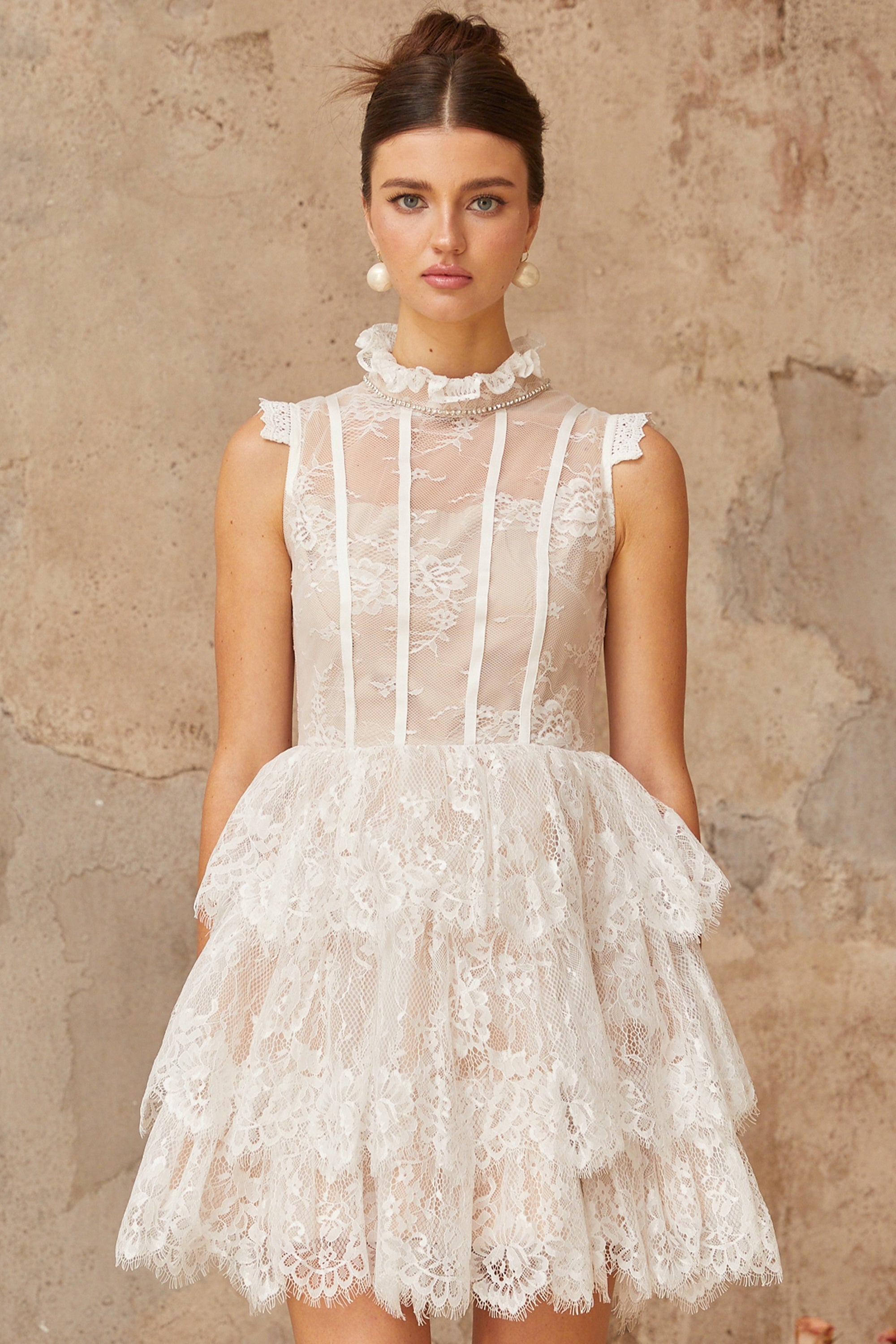 Thérèse white embellished floral-lace tiered mini dress (Final Sale)