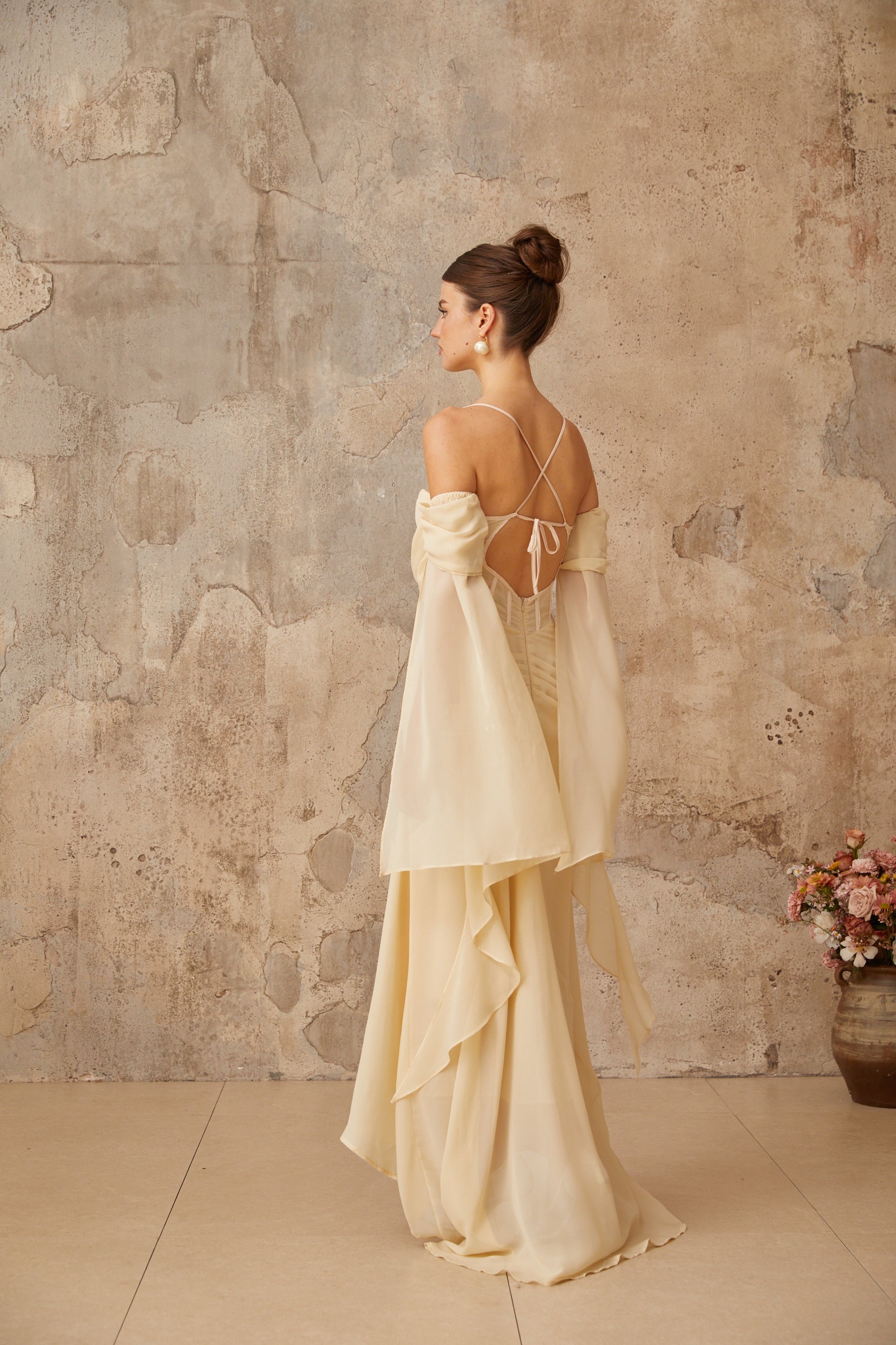 Robe longue en mousseline à volants Mélusine (Vente définitive - États-Unis uniquement)