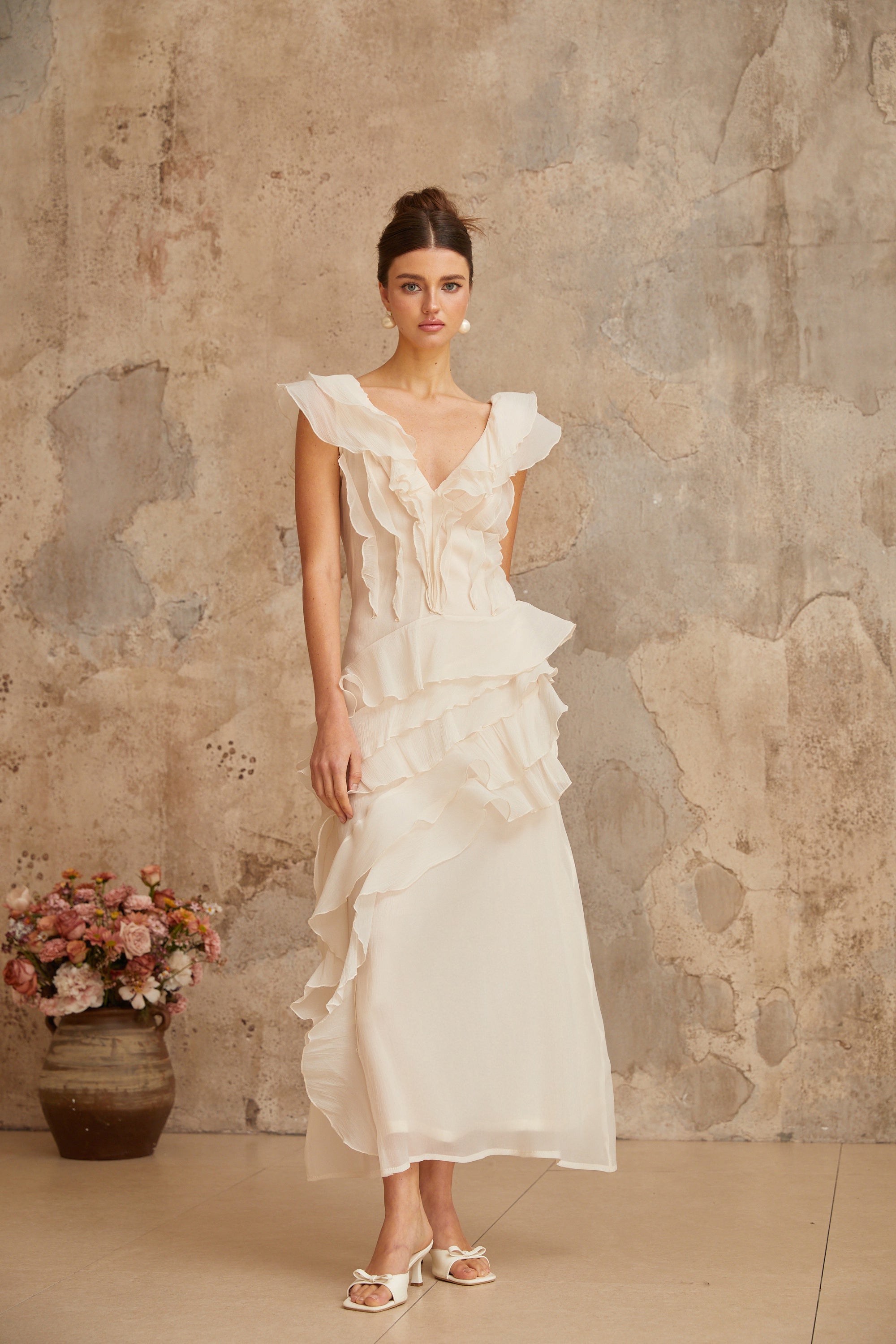 Hélène faux-flower layered ruffled maxi dress