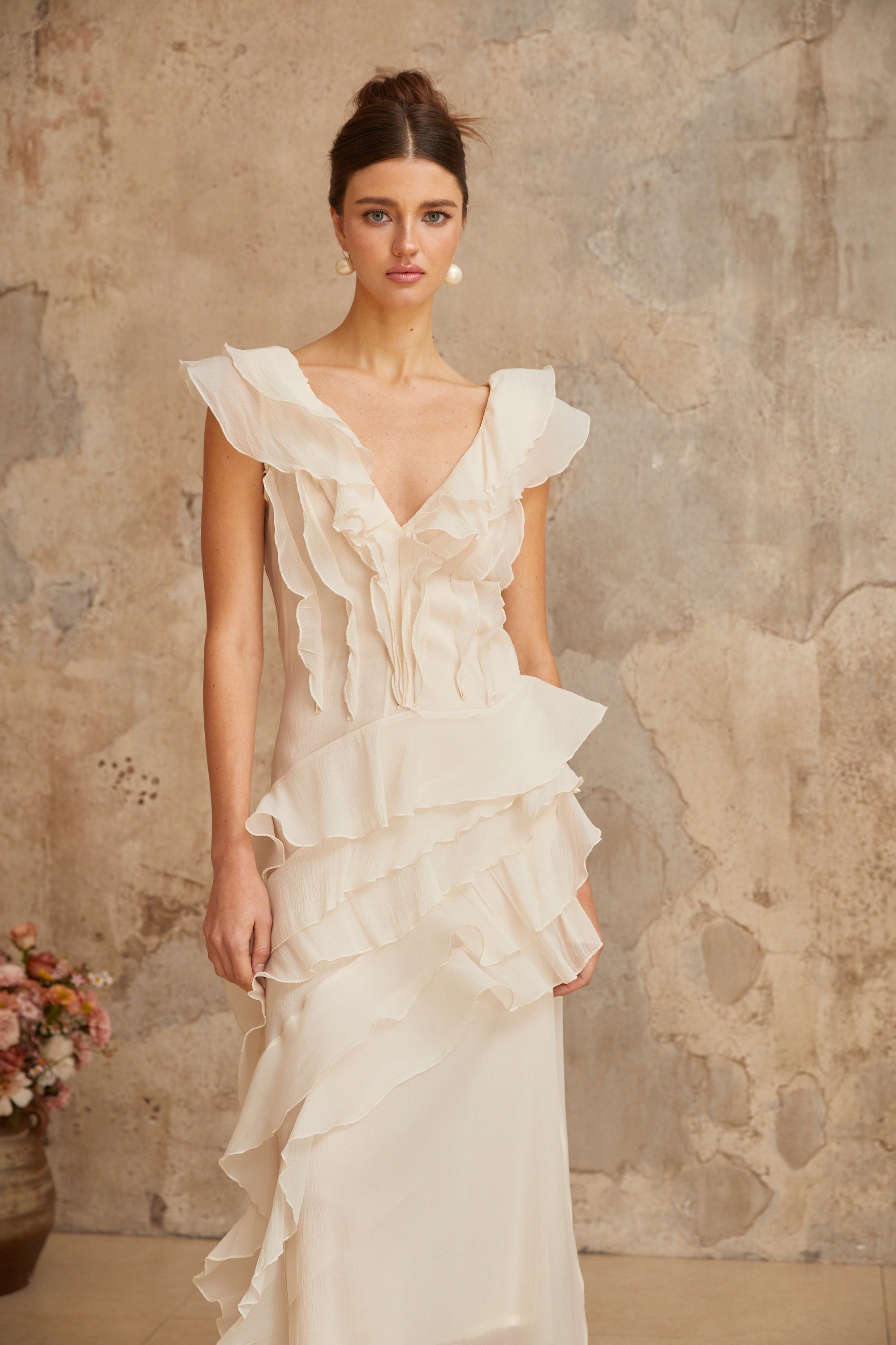 Hélène faux-flower layered ruffled maxi dress (Final Sale)