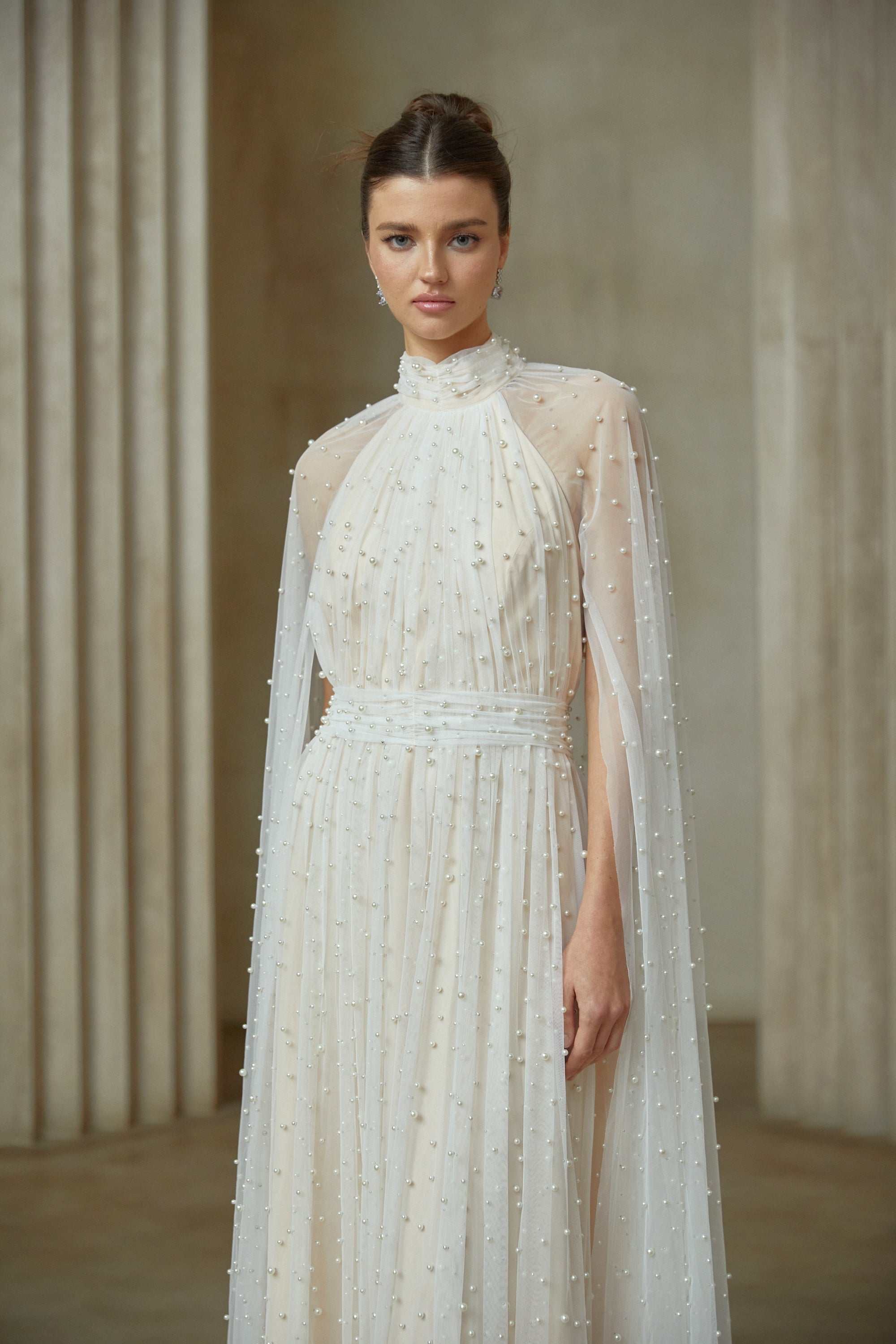 Louane white cape-design embellished tulle maxi dress
