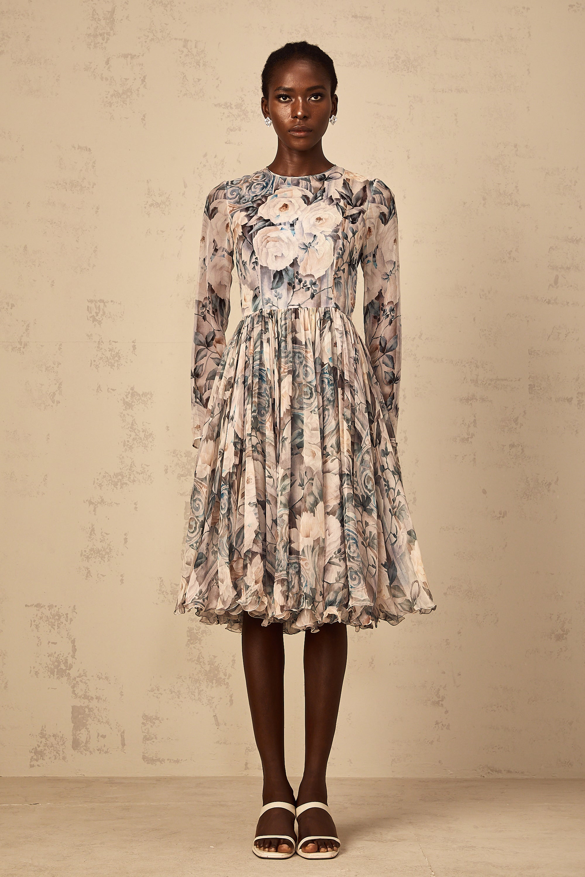 Mélanie Floral Print Pleated Chiffon Midi Dress (Final Sale)