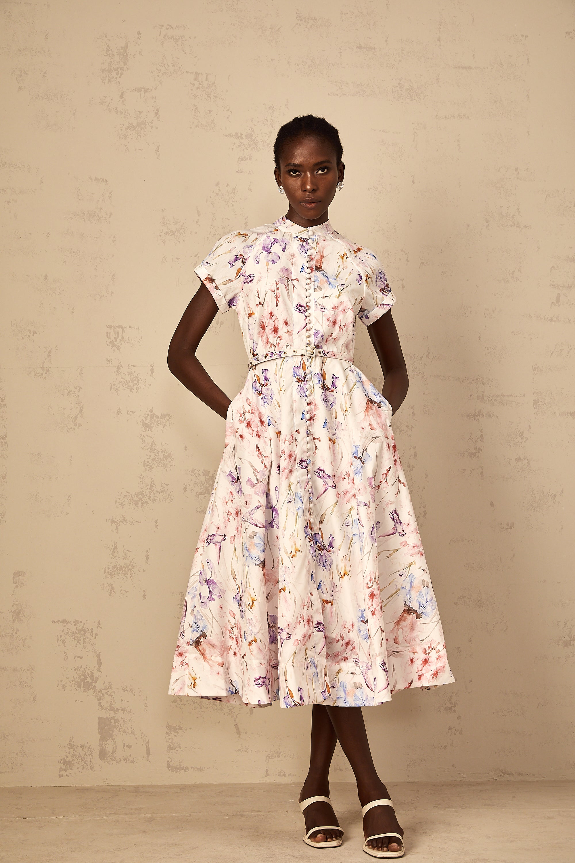 Géraldine White Mock-Neck Floral Print Midi Dress