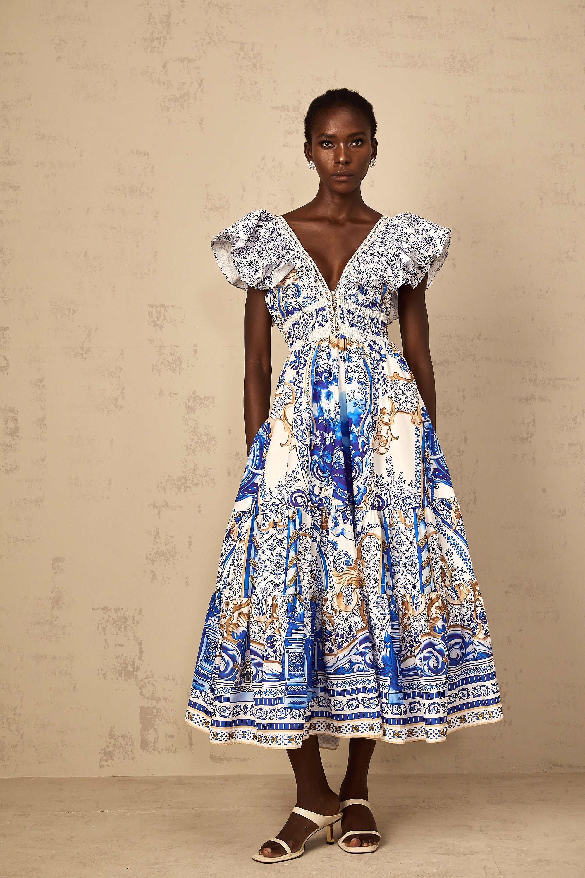 Calliopée Blue Baroque Print Tiered Midi Dress (Final Sale-US Only)