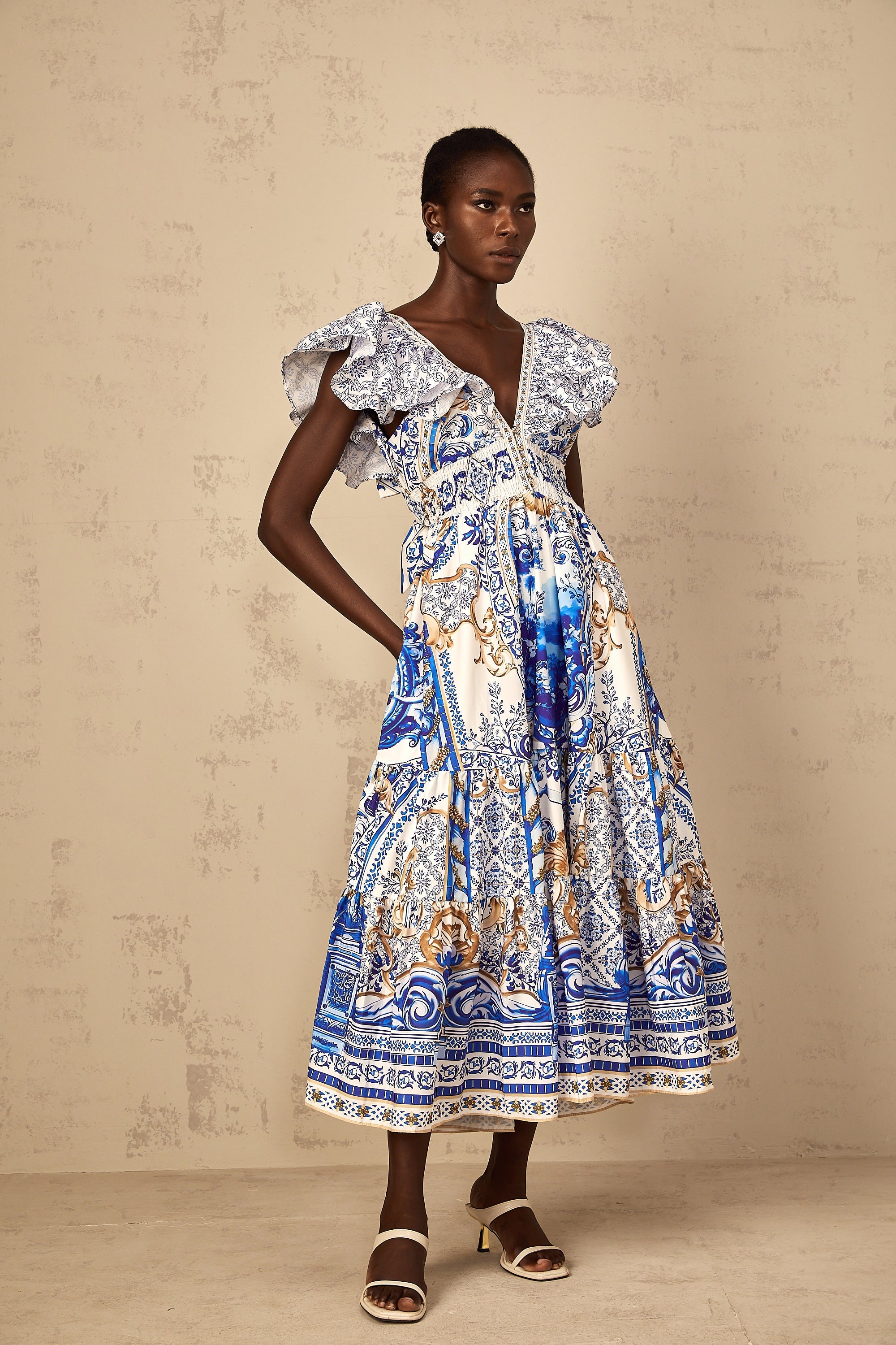 Calliopée Blue Baroque Print Tiered Midi Dress (Final Sale-US Only)