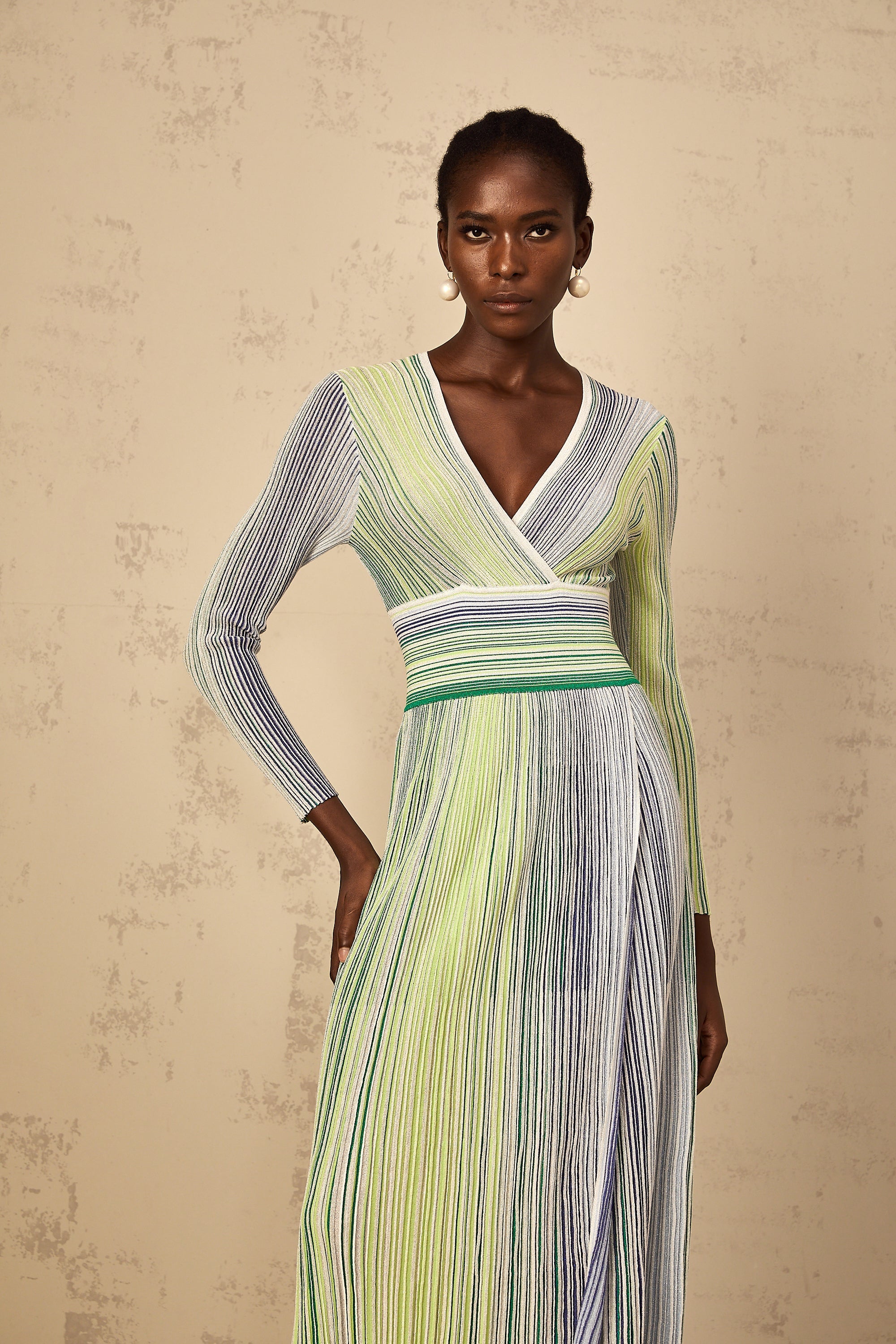 Amaryllis Green Long Sleeve Sequin Striped Knit Maxi Dress