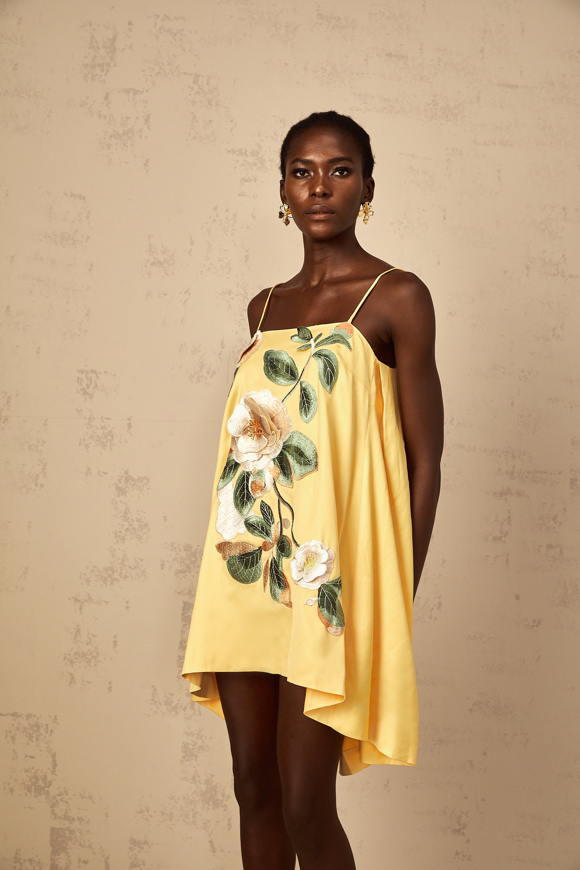 Avril Yellow Floral Embroidered Mini Dress