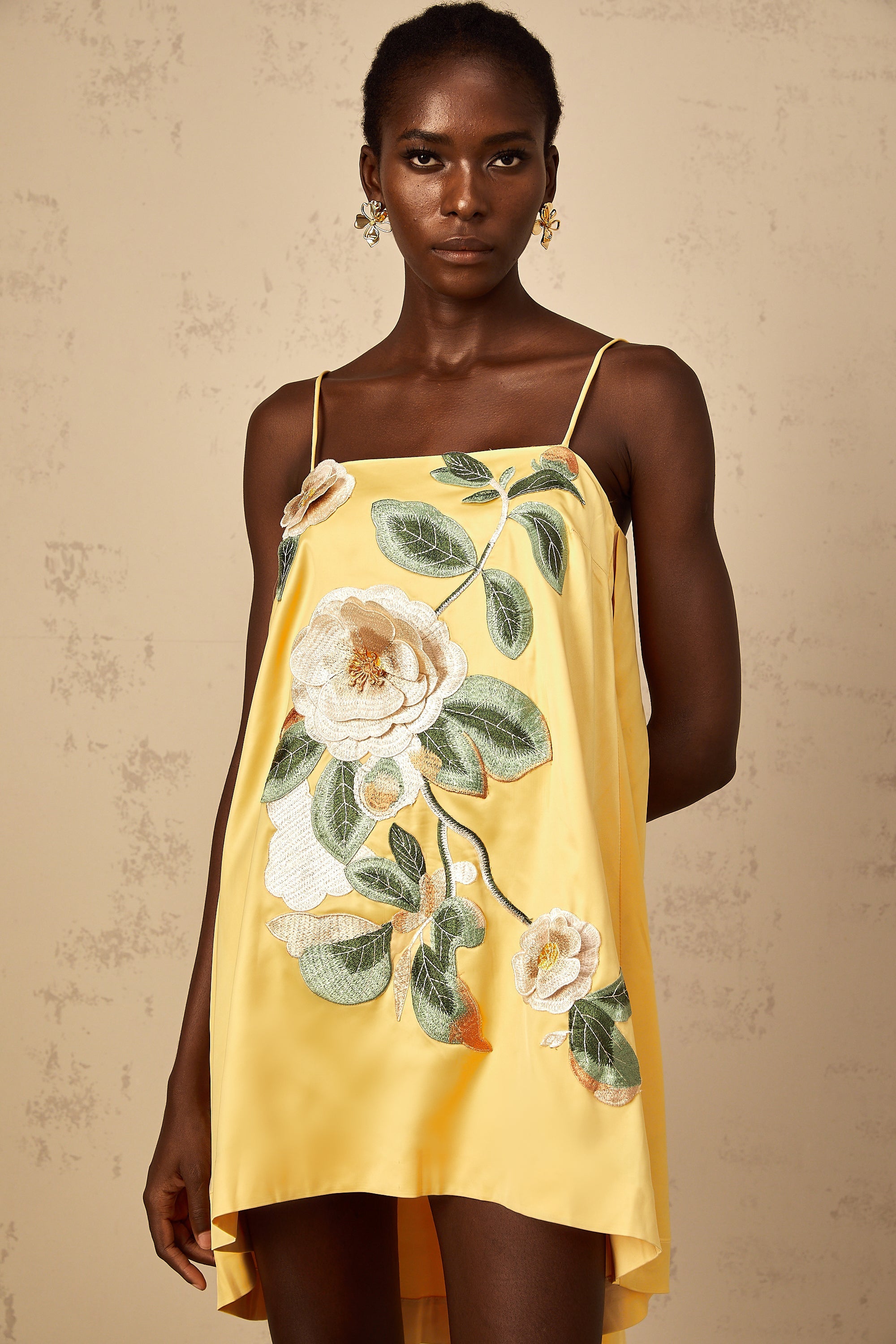 Avril Yellow Floral Embroidered Mini Dress