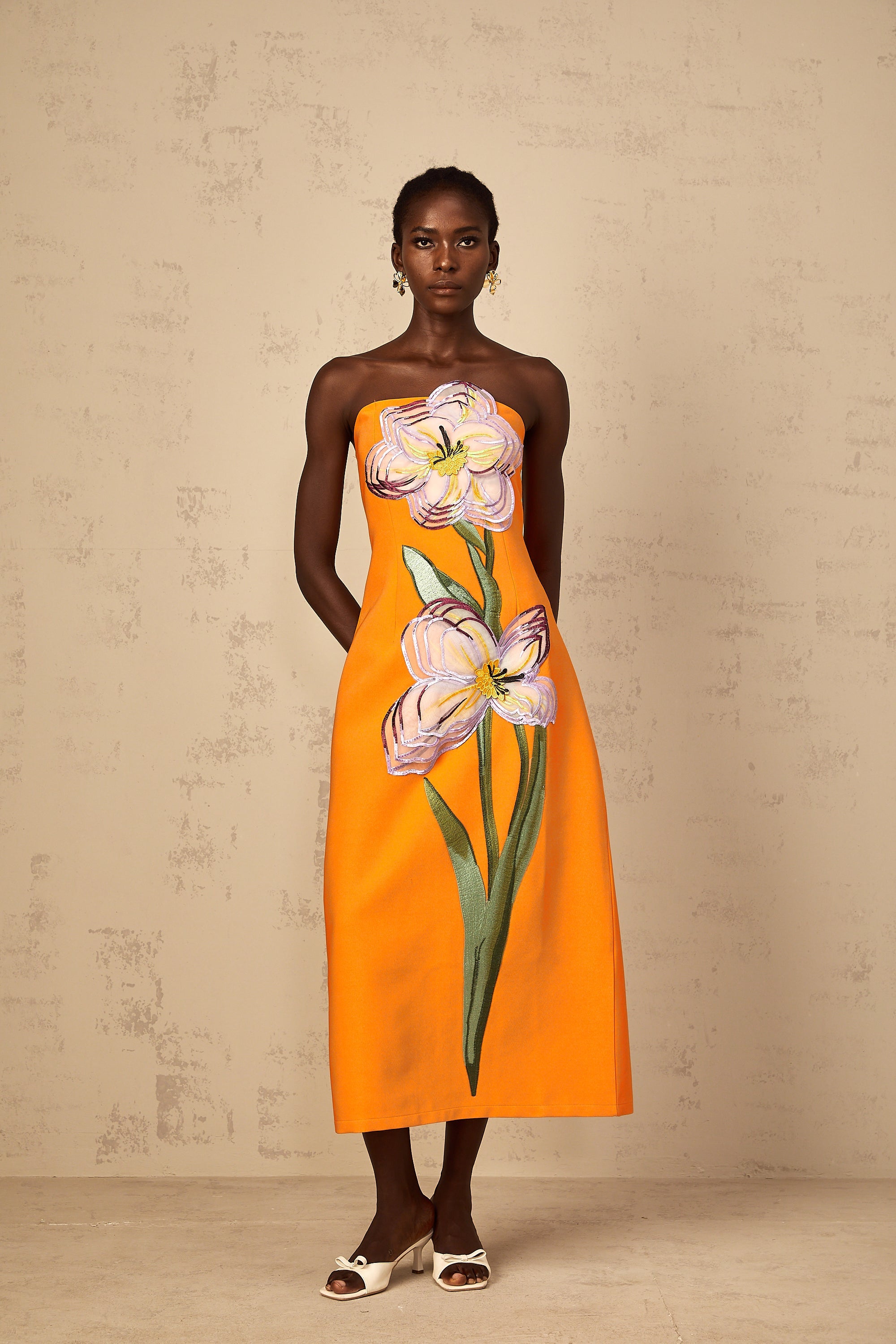 Irène Sequin Embroidered Off-Shoulder Midi Dress in Orange (Final Sale-US Only)