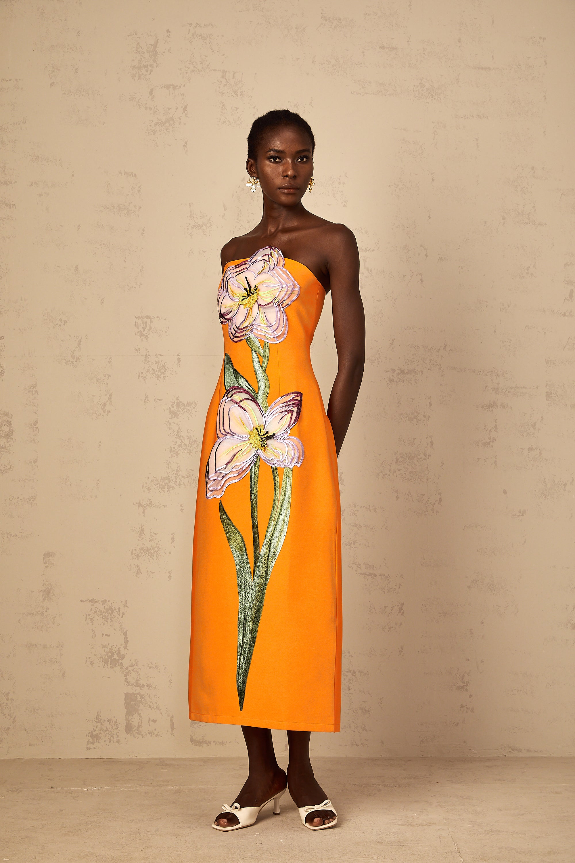 Irène Sequin Embroidered Off-Shoulder Midi Dress in Orange (Final Sale-US Only)