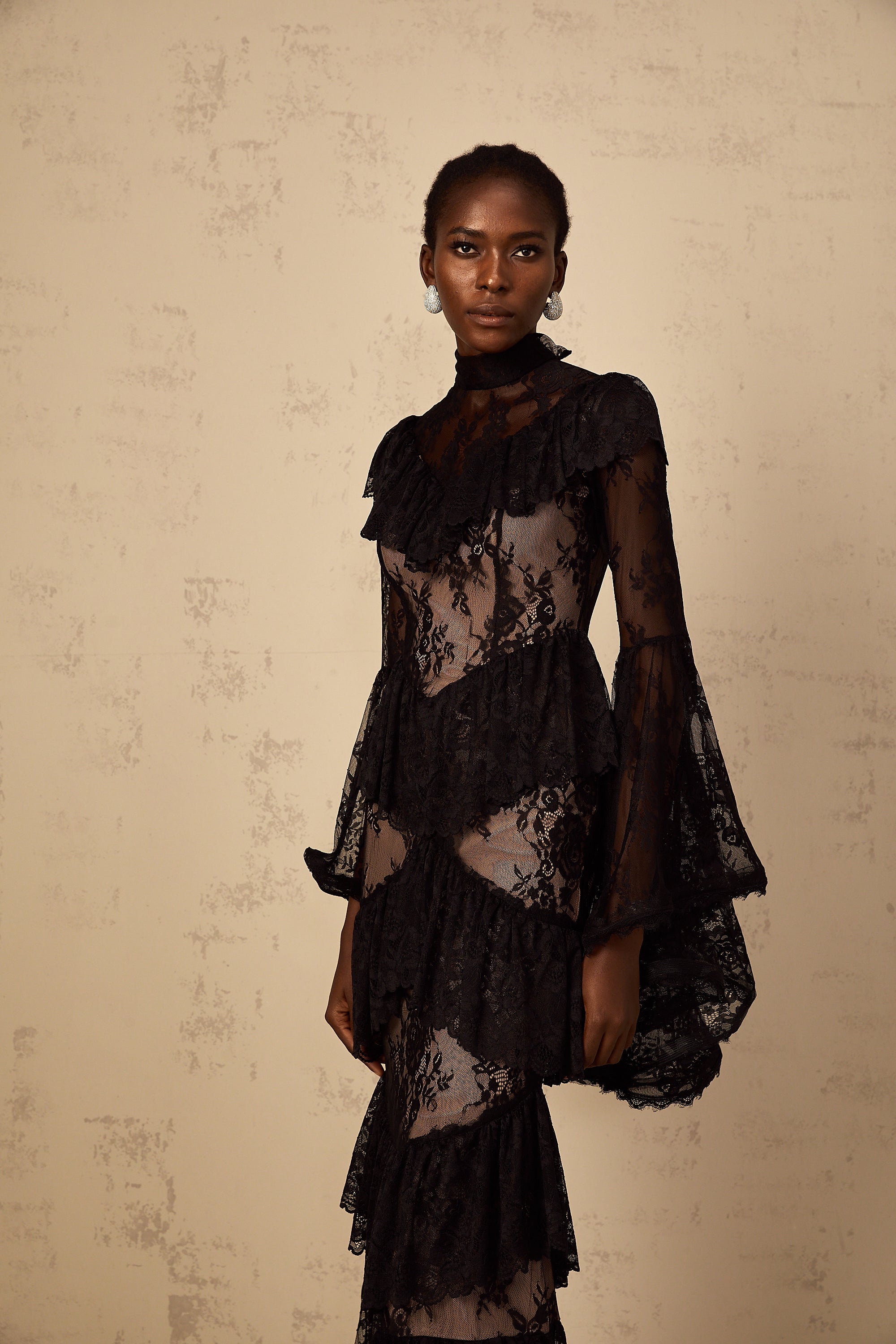 Roxane black floral-lace ruffled maxi dress