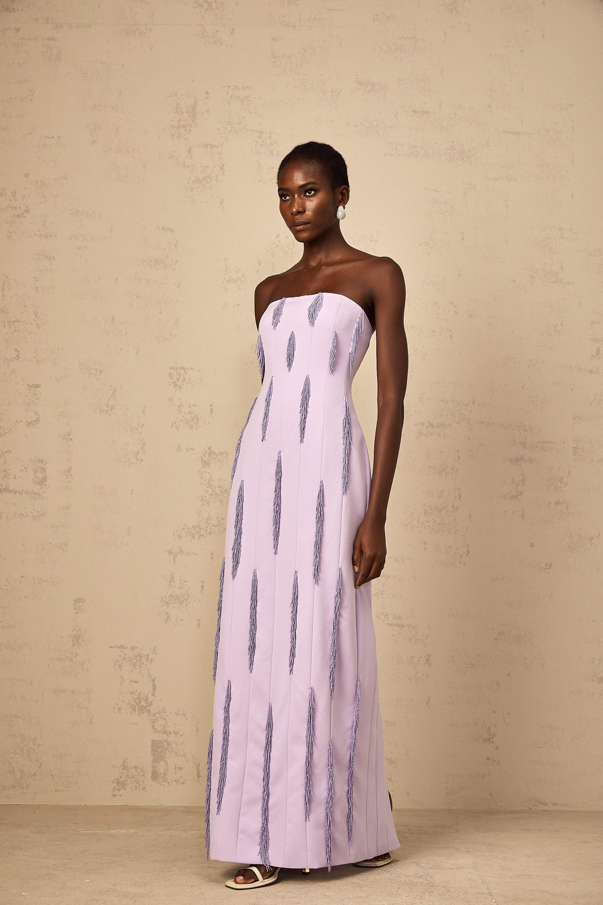 Lavender strapless maxi dress with vertical fringe detailing