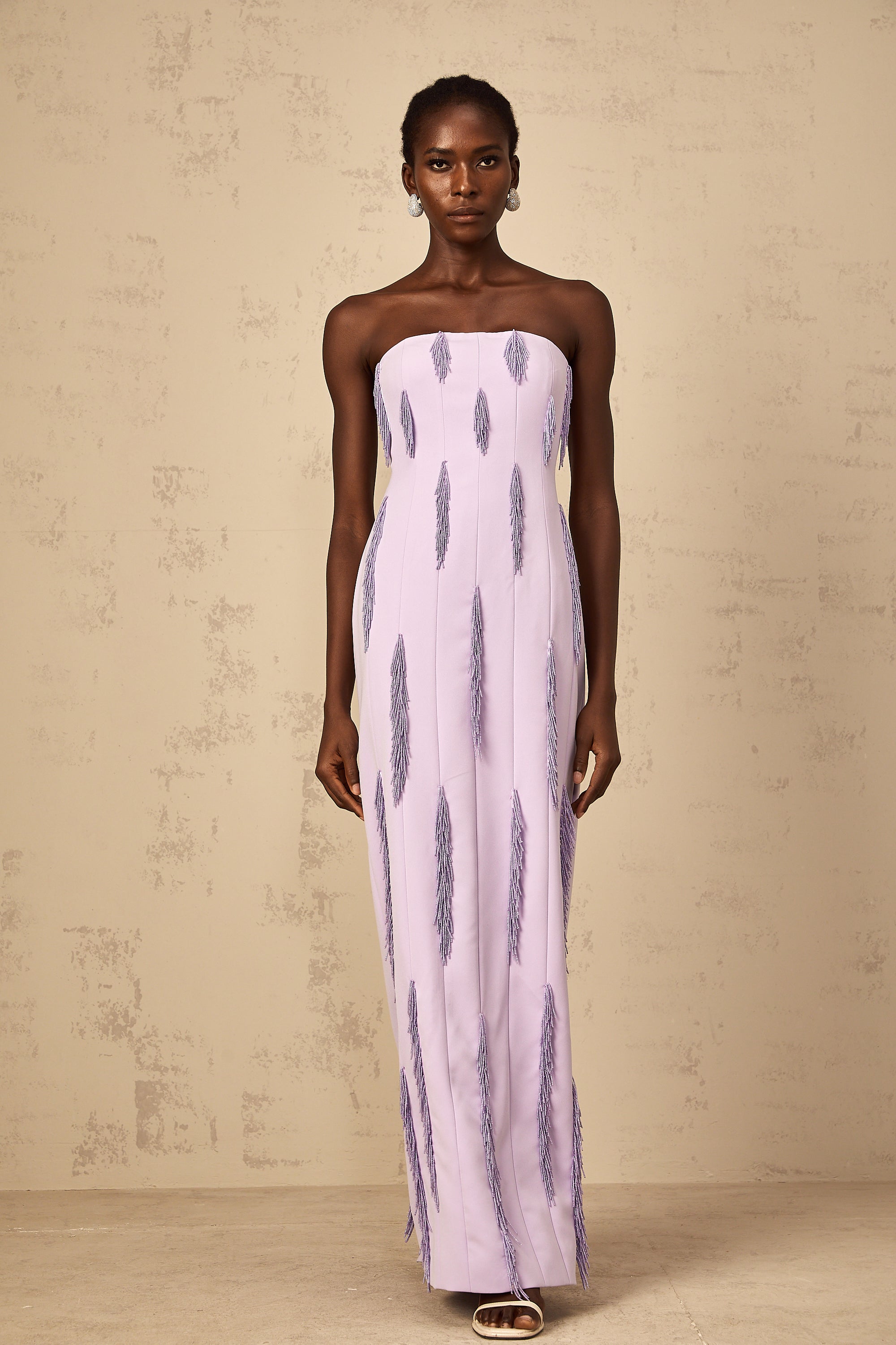 Lavender strapless maxi dress with vertical fringe detailing