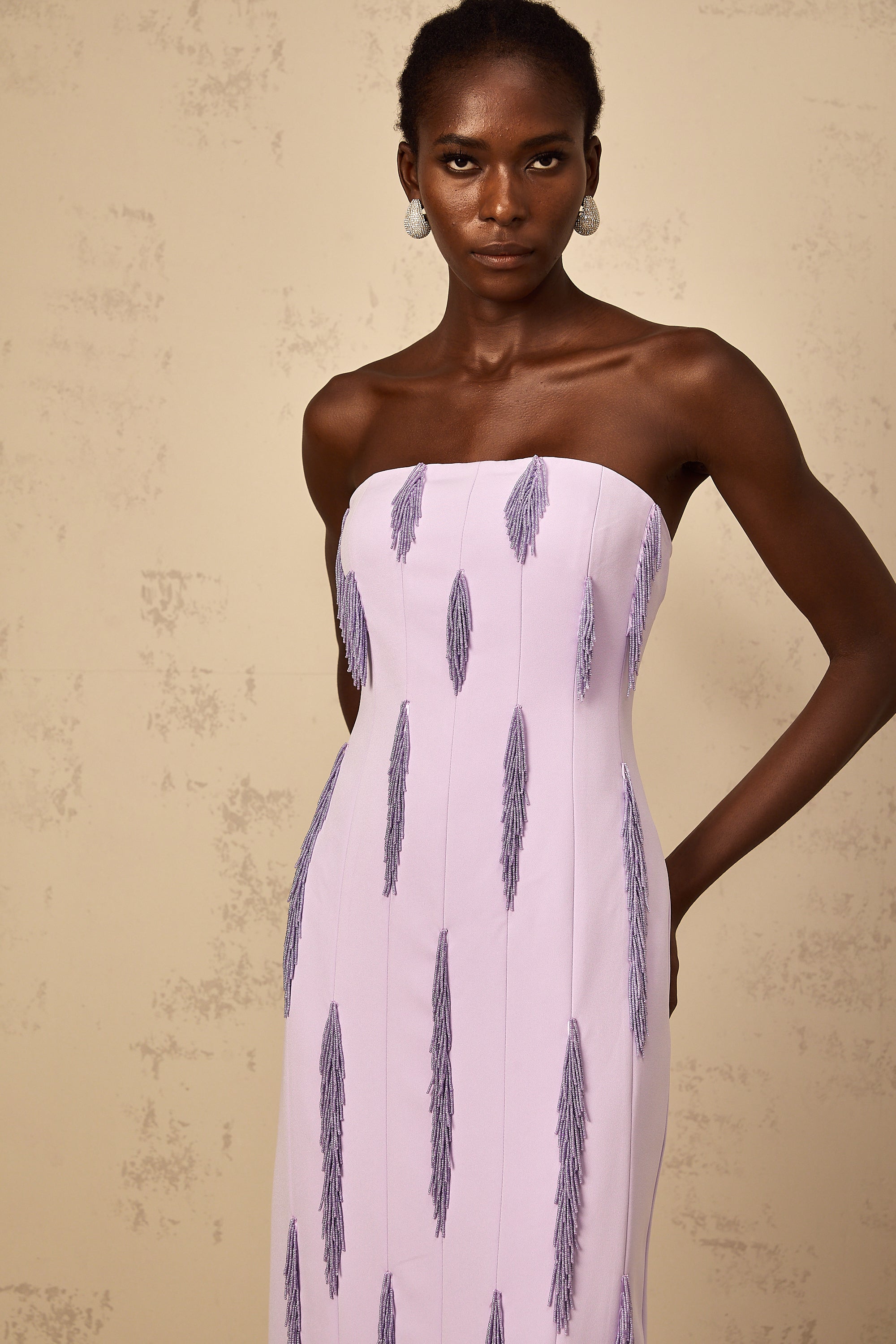 Lavender strapless maxi dress with vertical fringe detailing