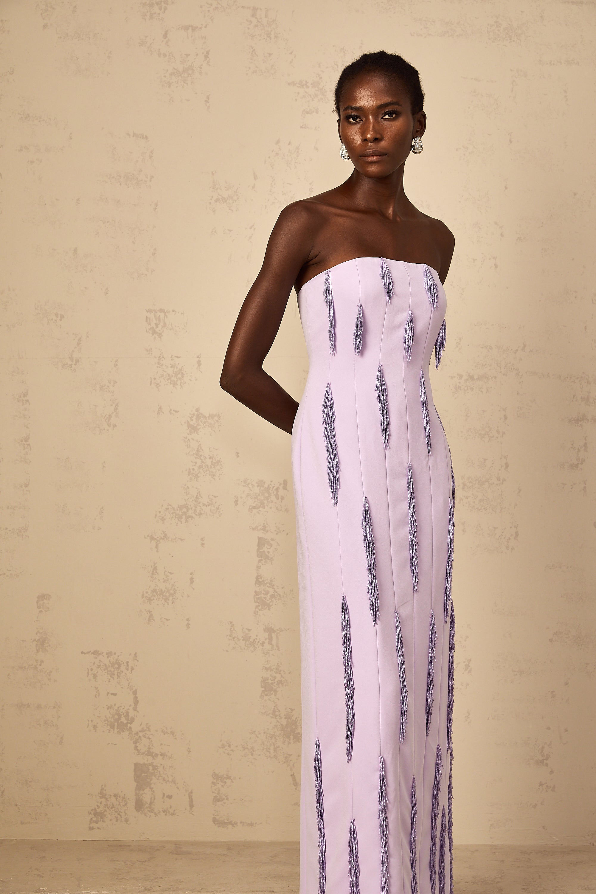 Lavender strapless maxi dress with vertical fringe detailing