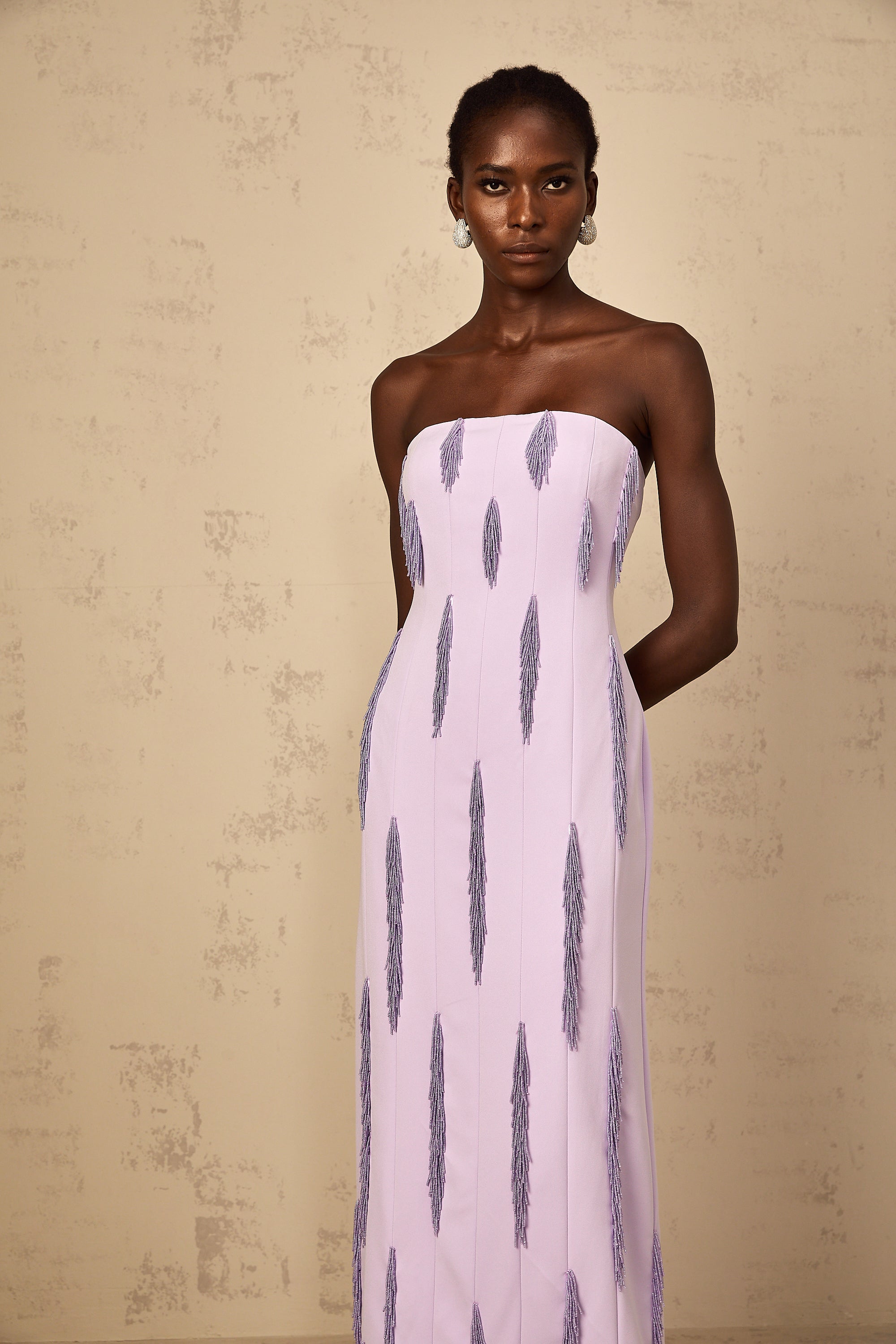 Lavender strapless maxi dress with vertical fringe detailing