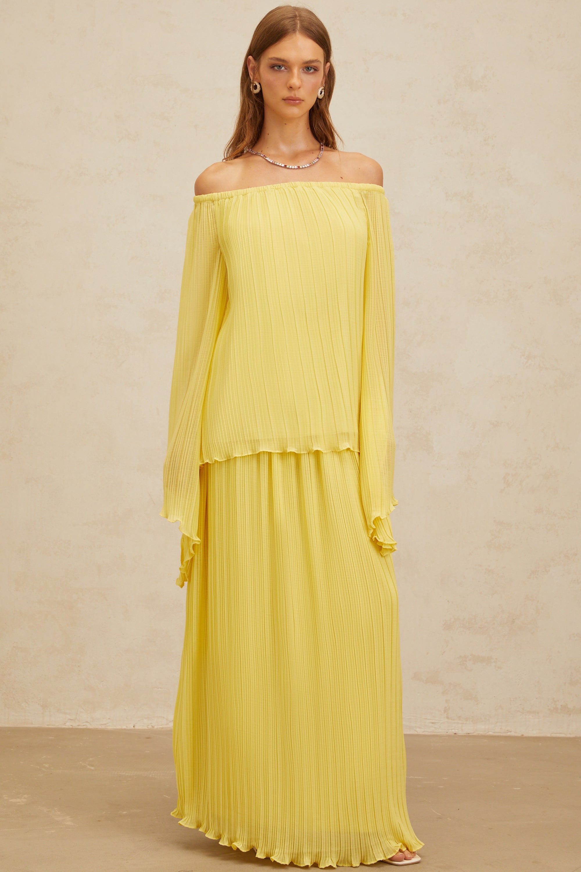 Yseult Yellow Pleated Casual Blouse & Skirt Set (Final Sale)