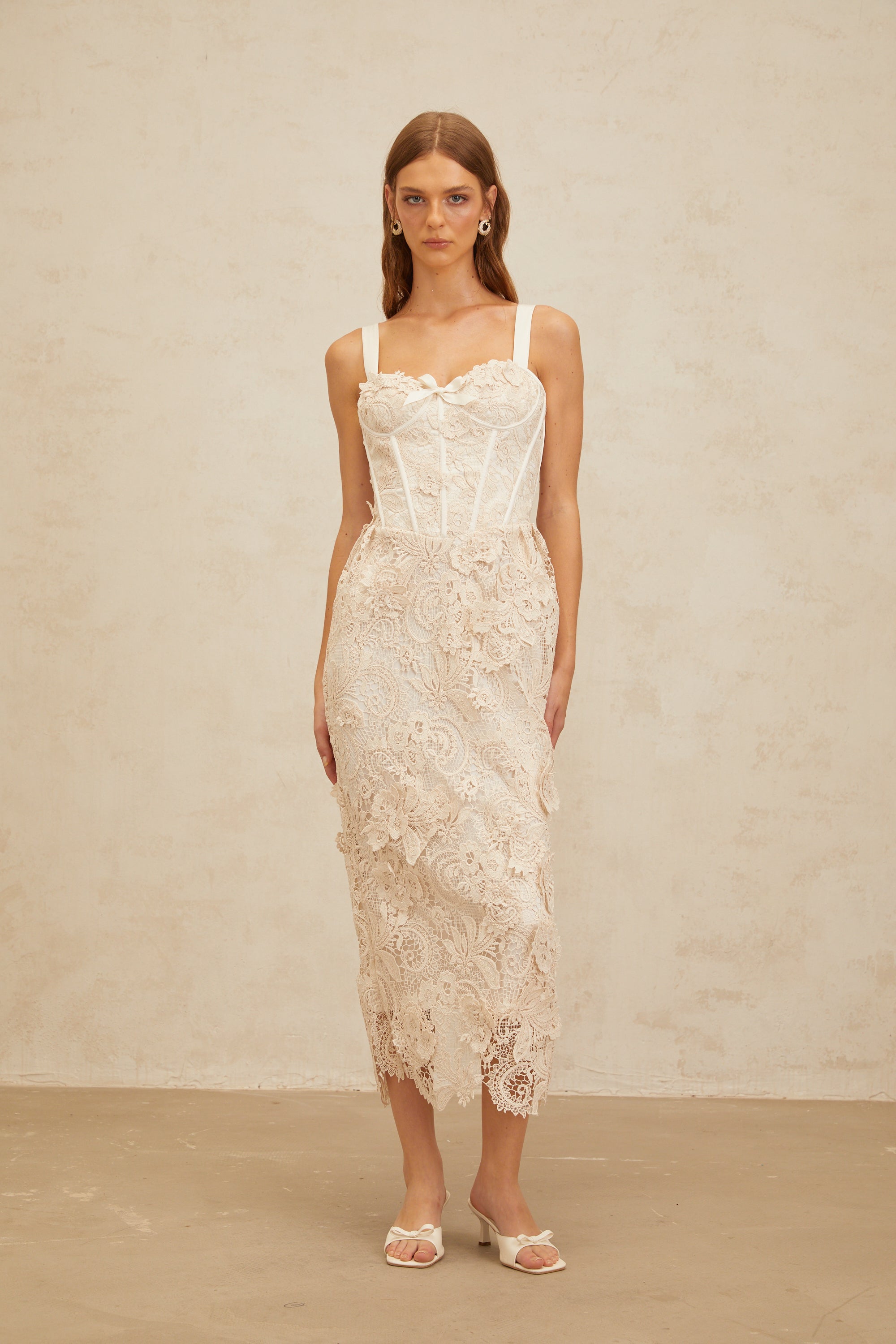 Irène Neutral Corded Lace Corset Midi Dress (Final Sale)