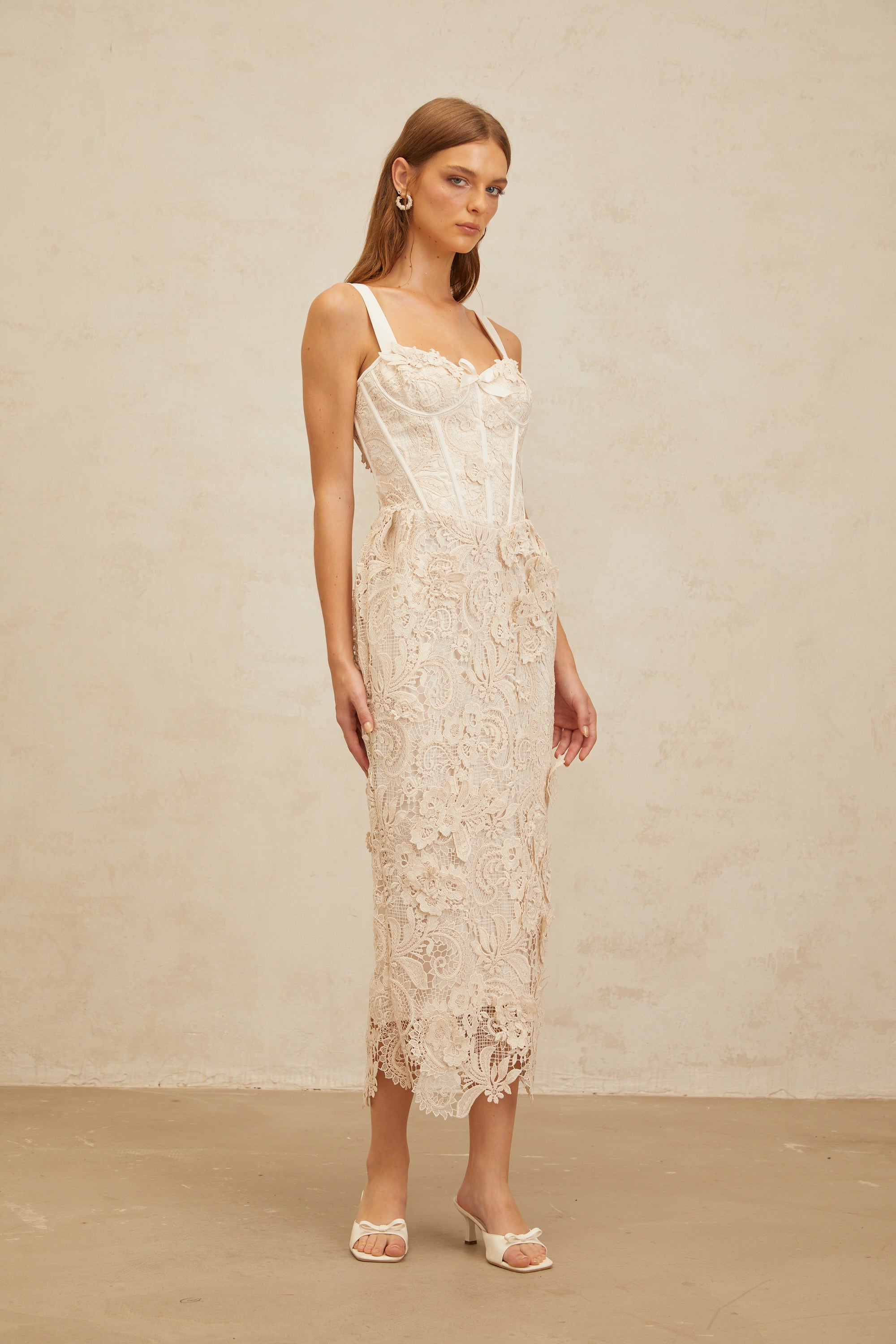 Irène Neutral Corded Lace Corset Midi Dress (Final Sale)