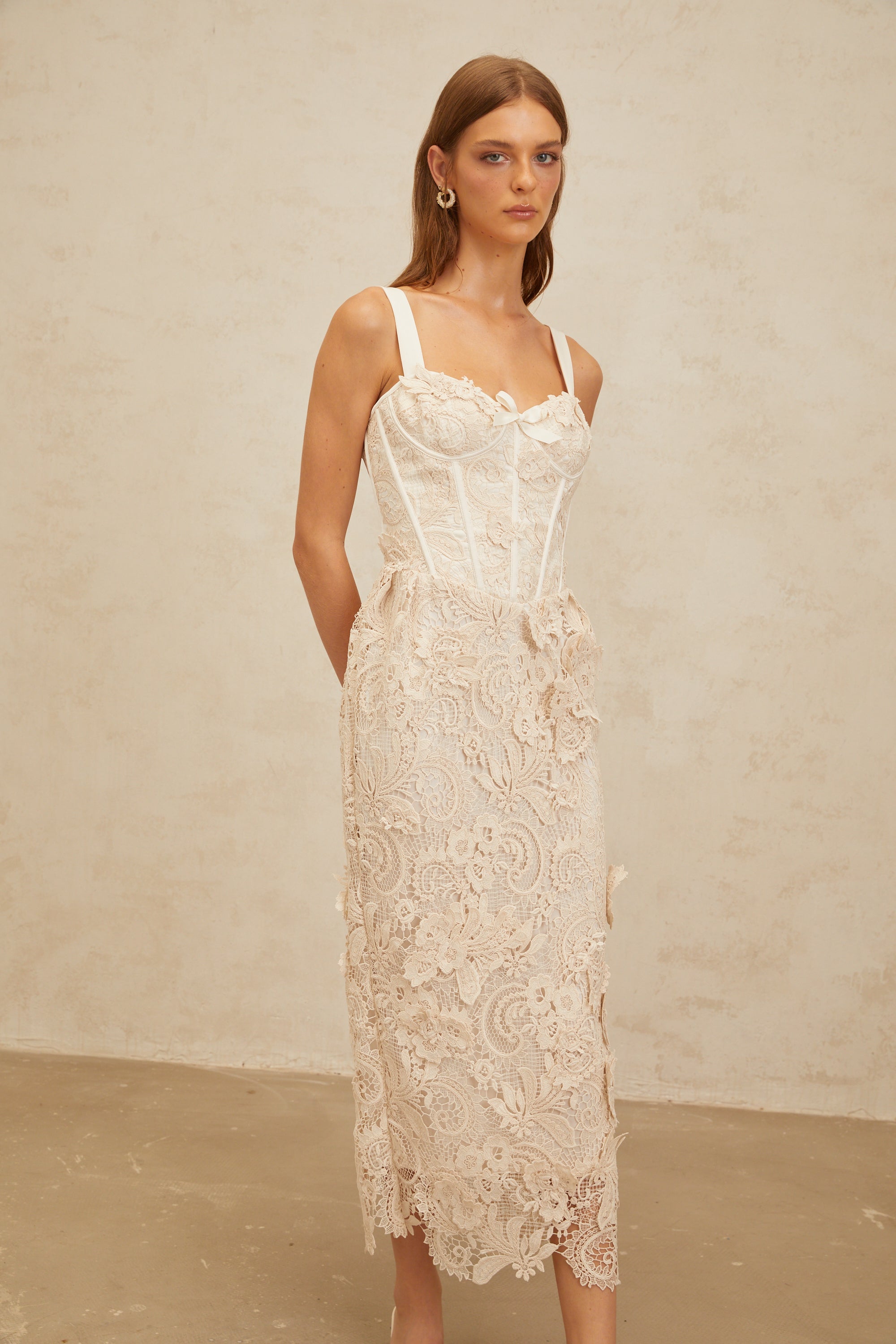 Irène Neutral Corded Lace Corset Midi Dress (Final Sale)