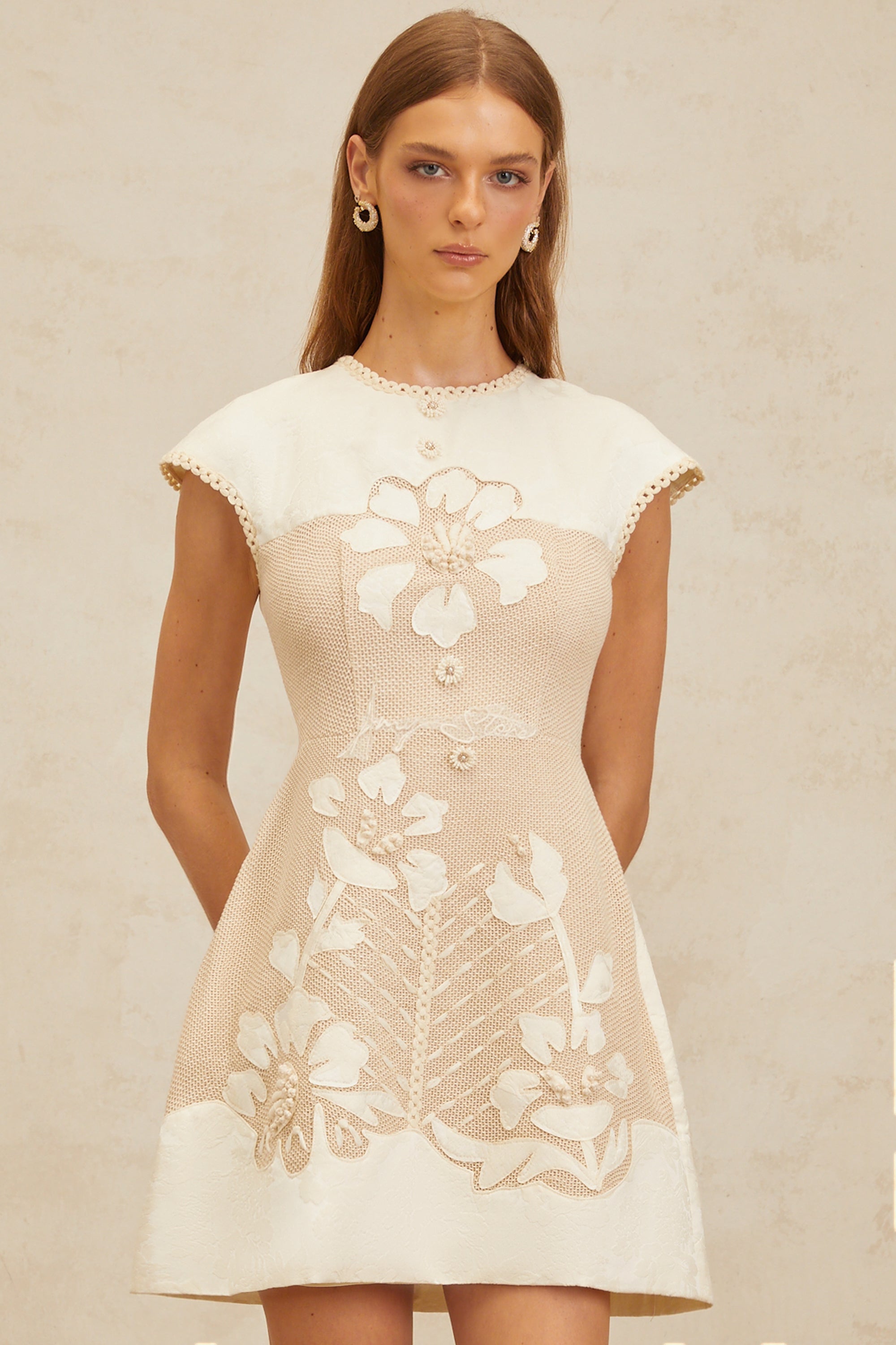 Manon Neutral Floral Embroidered Crochet Mini Dress (Final Sale-US Only)