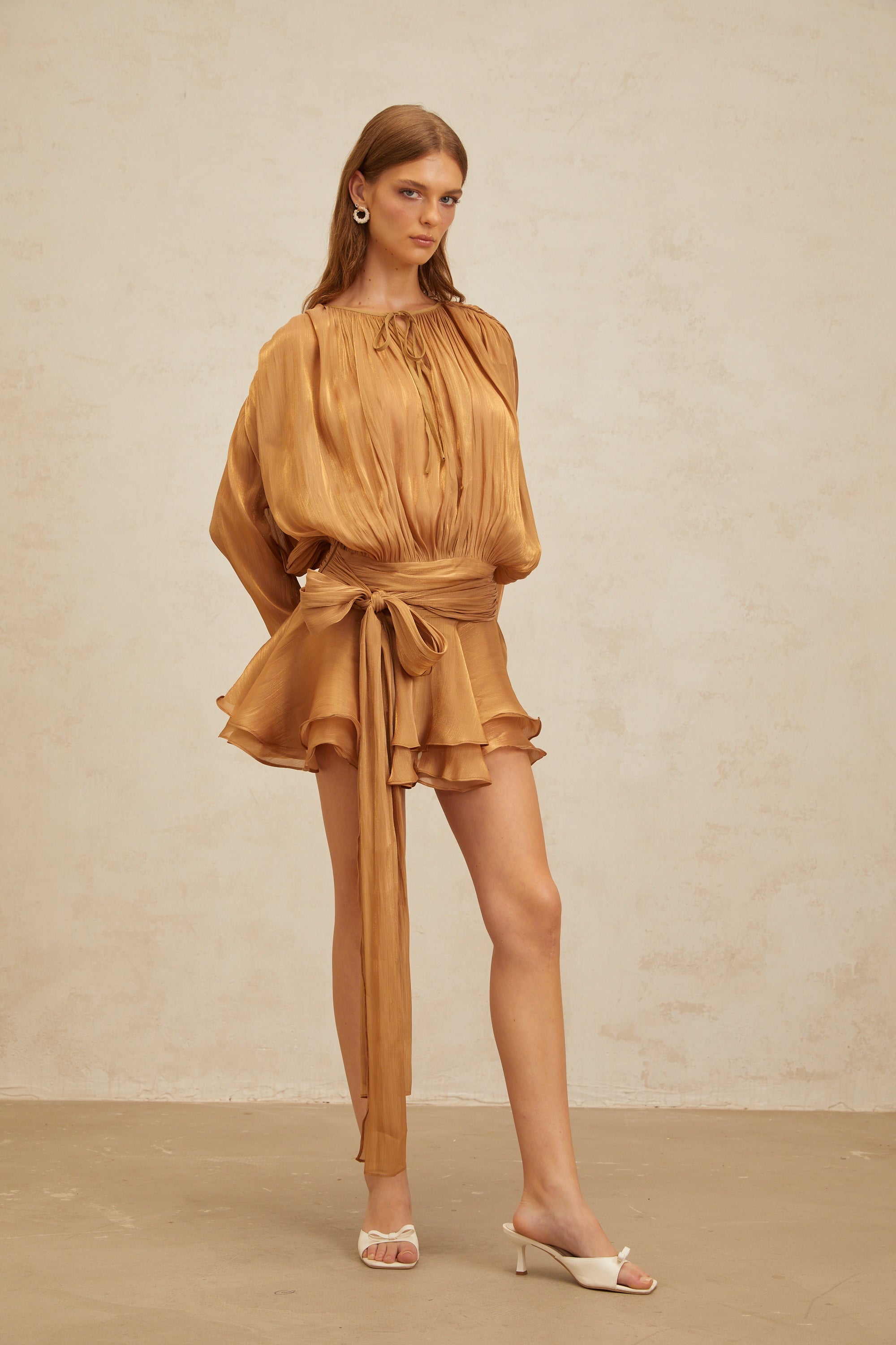 Eugénie Gold Fully Pleated Ruffled Mini Dress (Final Sale-US Only)